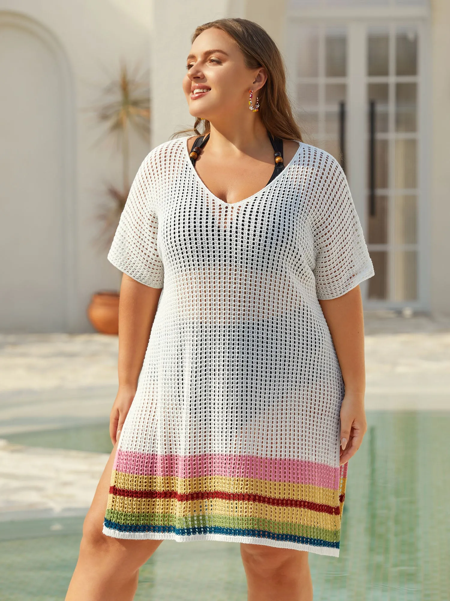 Striped Hem Cut-Out Slit Swim Cover-Up sold by Bloomchic