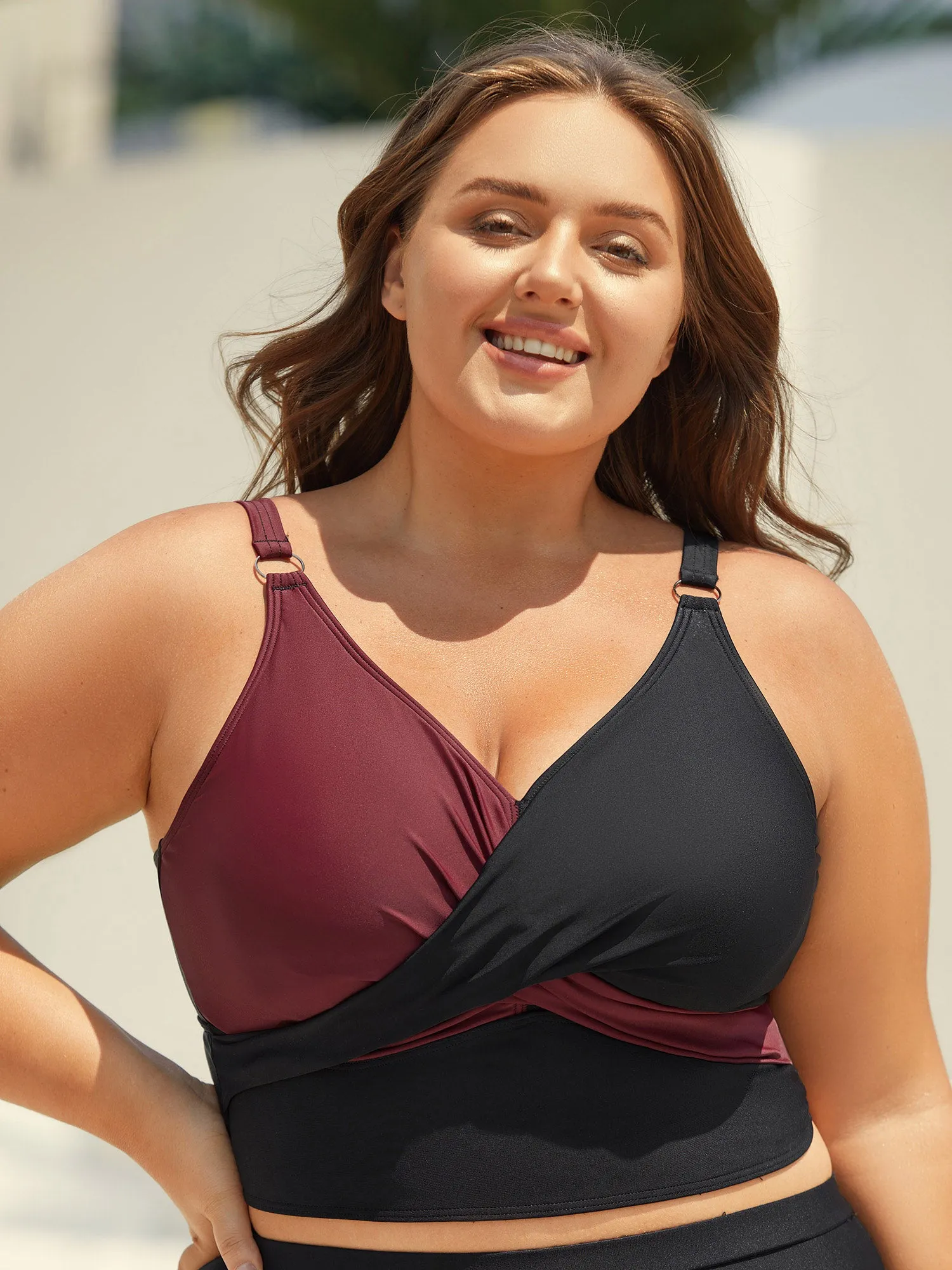 Color Block Twist Front Ruched Swim Top sold by Bloomchic