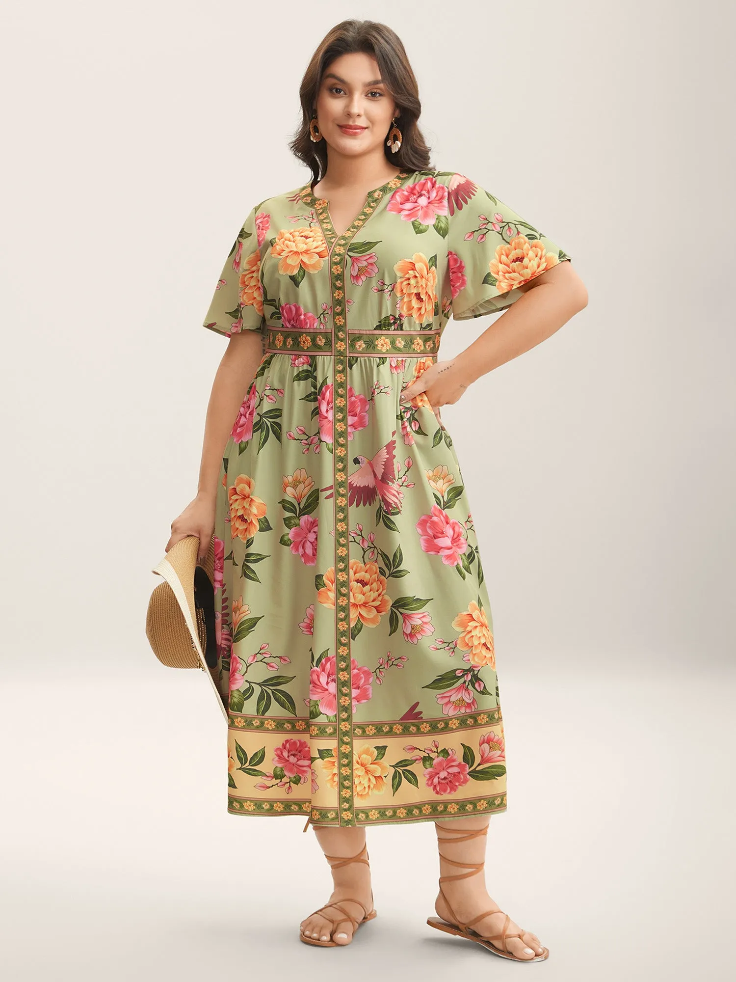 Floral Contrast Hem Split Neck Midi Dress sold by Bloomchic product image thumbnail 3
