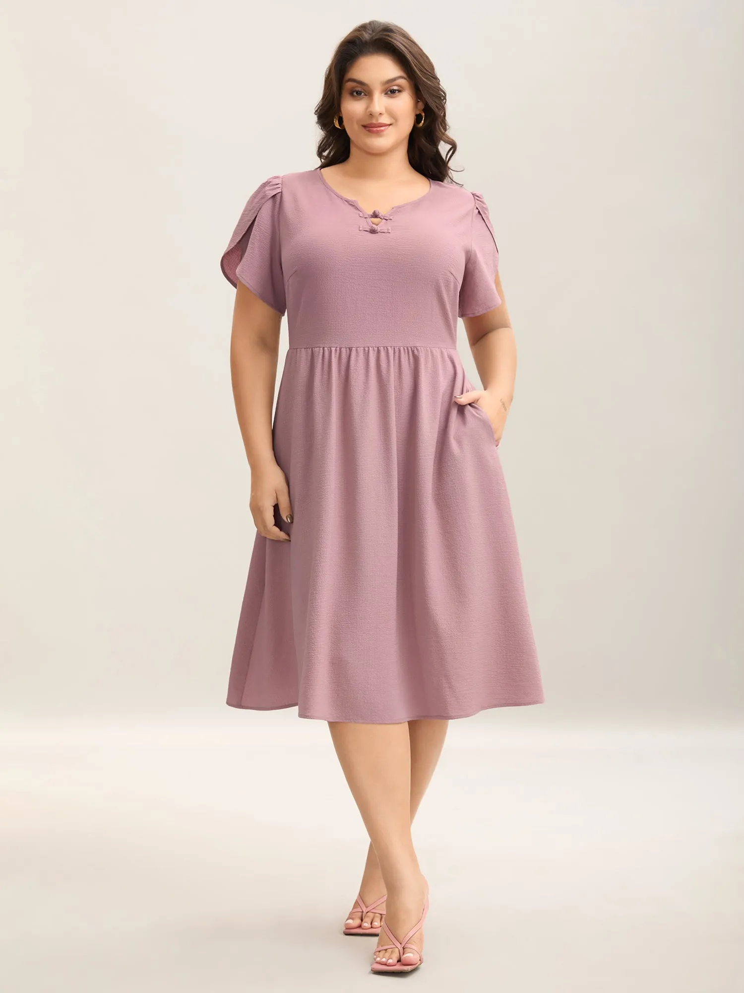Textured Split Neck Button Plain Midi Dress sold by Bloomchic