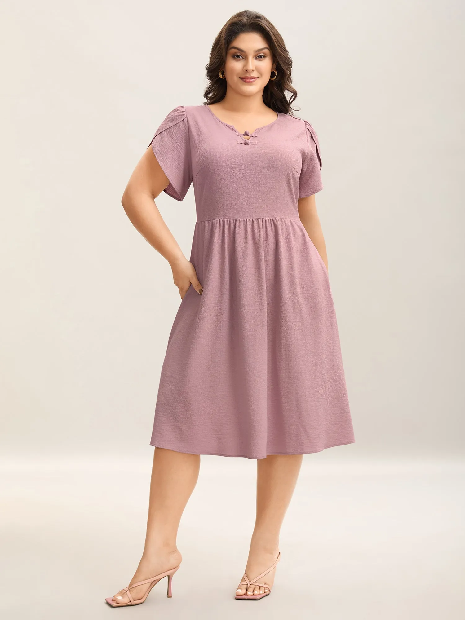 Textured Split Neck Button Plain Midi Dress sold by Bloomchic product image thumbnail 3