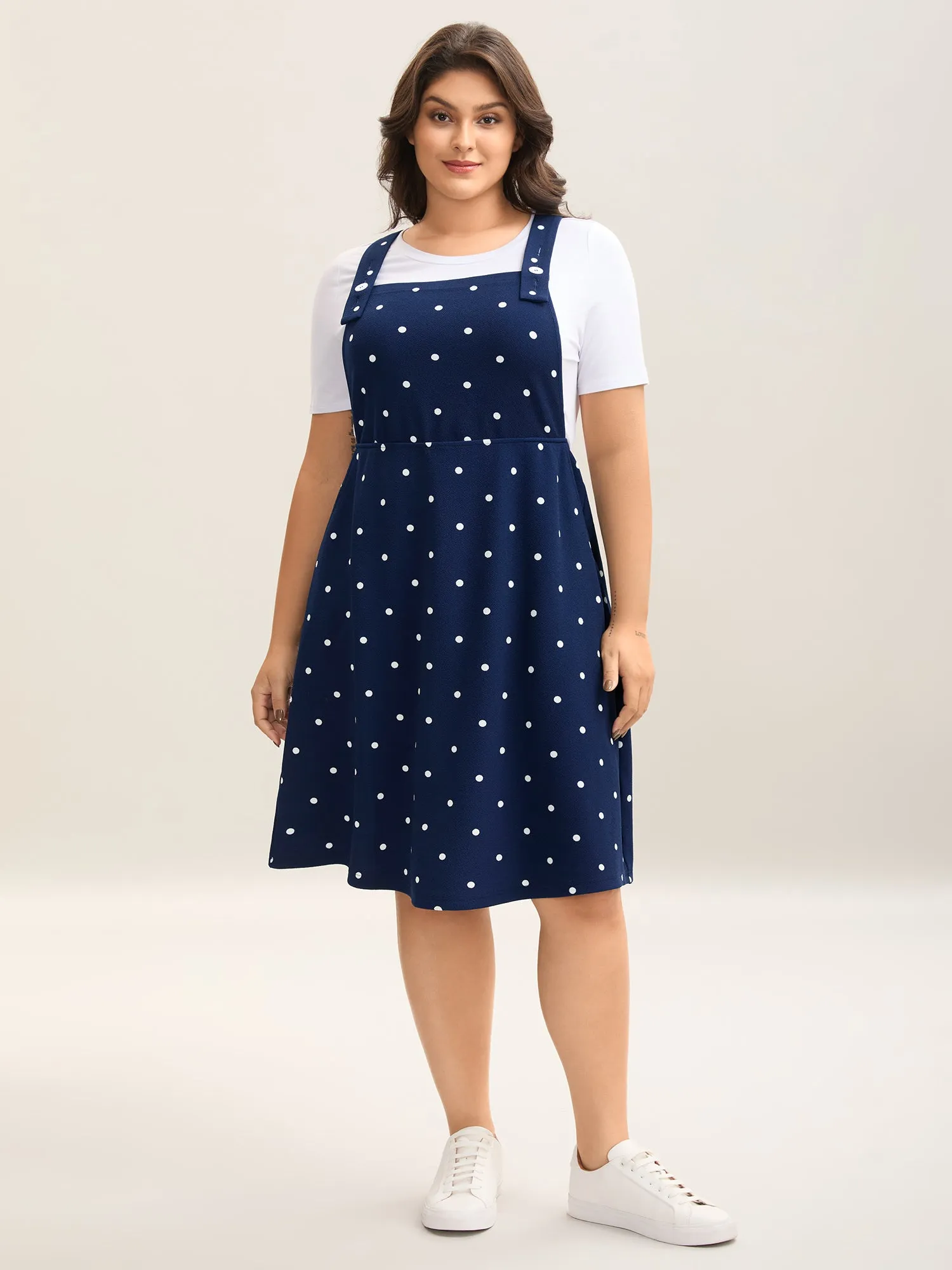 Polka Dots Overall Straps Pockets Midi Dress sold by Bloomchic