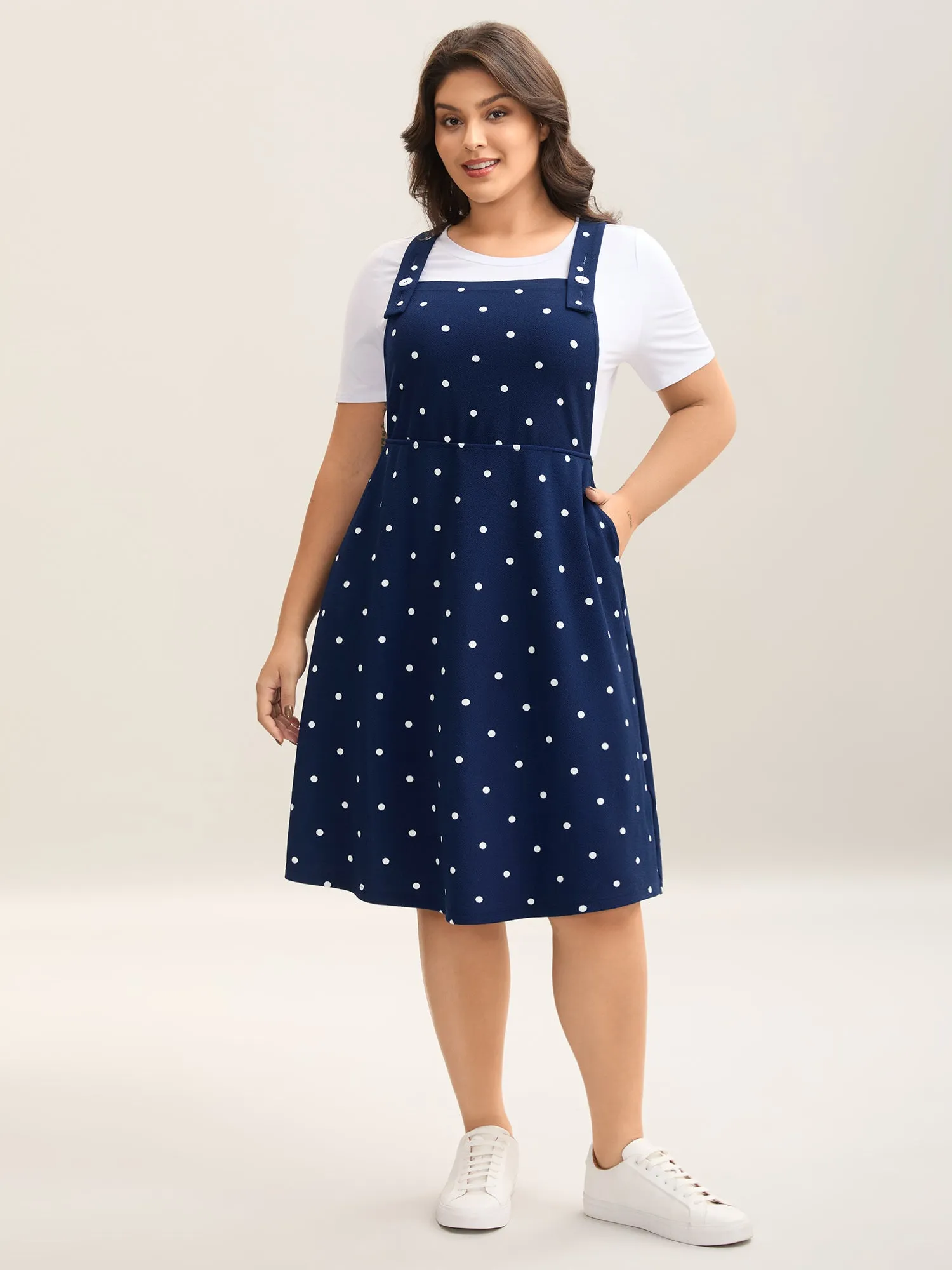 Polka Dots Overall Straps Pockets Midi Dress sold by Bloomchic product image thumbnail 3