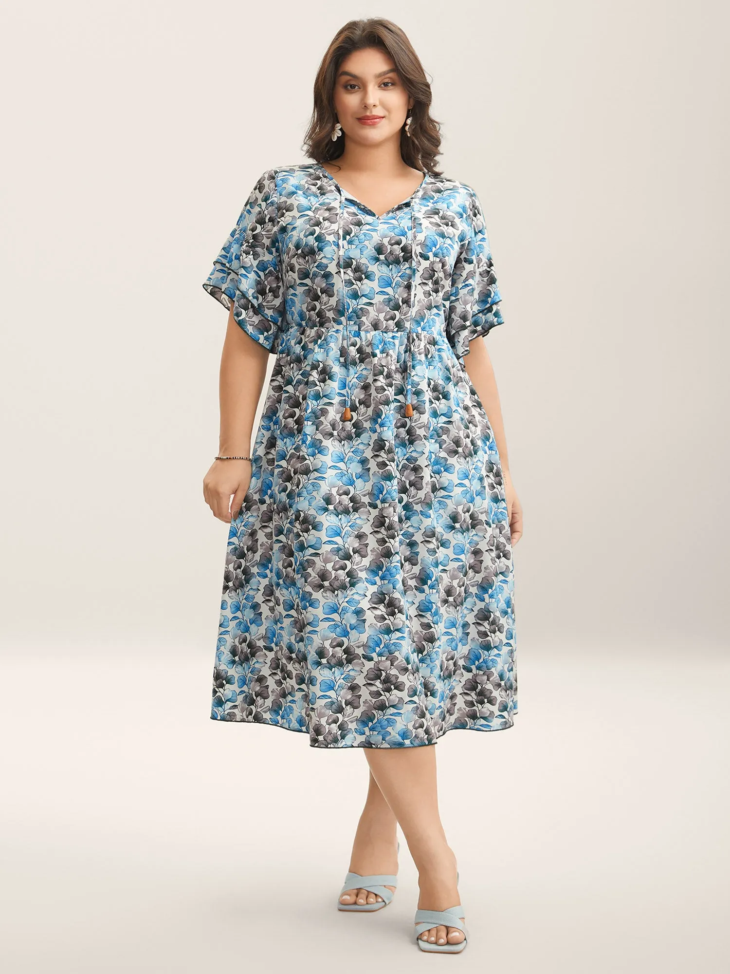 Petal Print Layered Sleeve Pockets Midi Dress sold by Bloomchic product image thumbnail 3