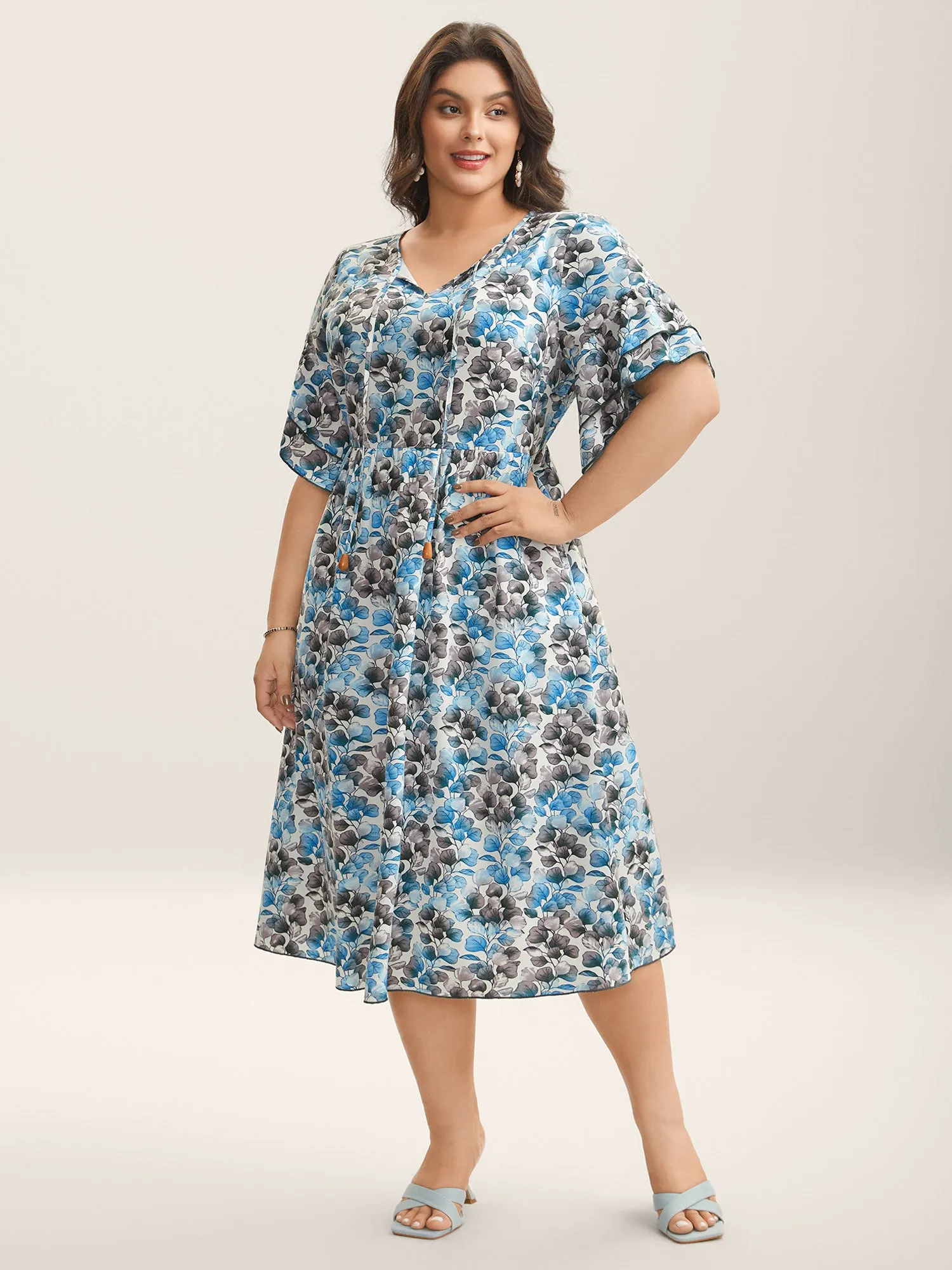 Petal Print Layered Sleeve Pockets Midi Dress sold by Bloomchic