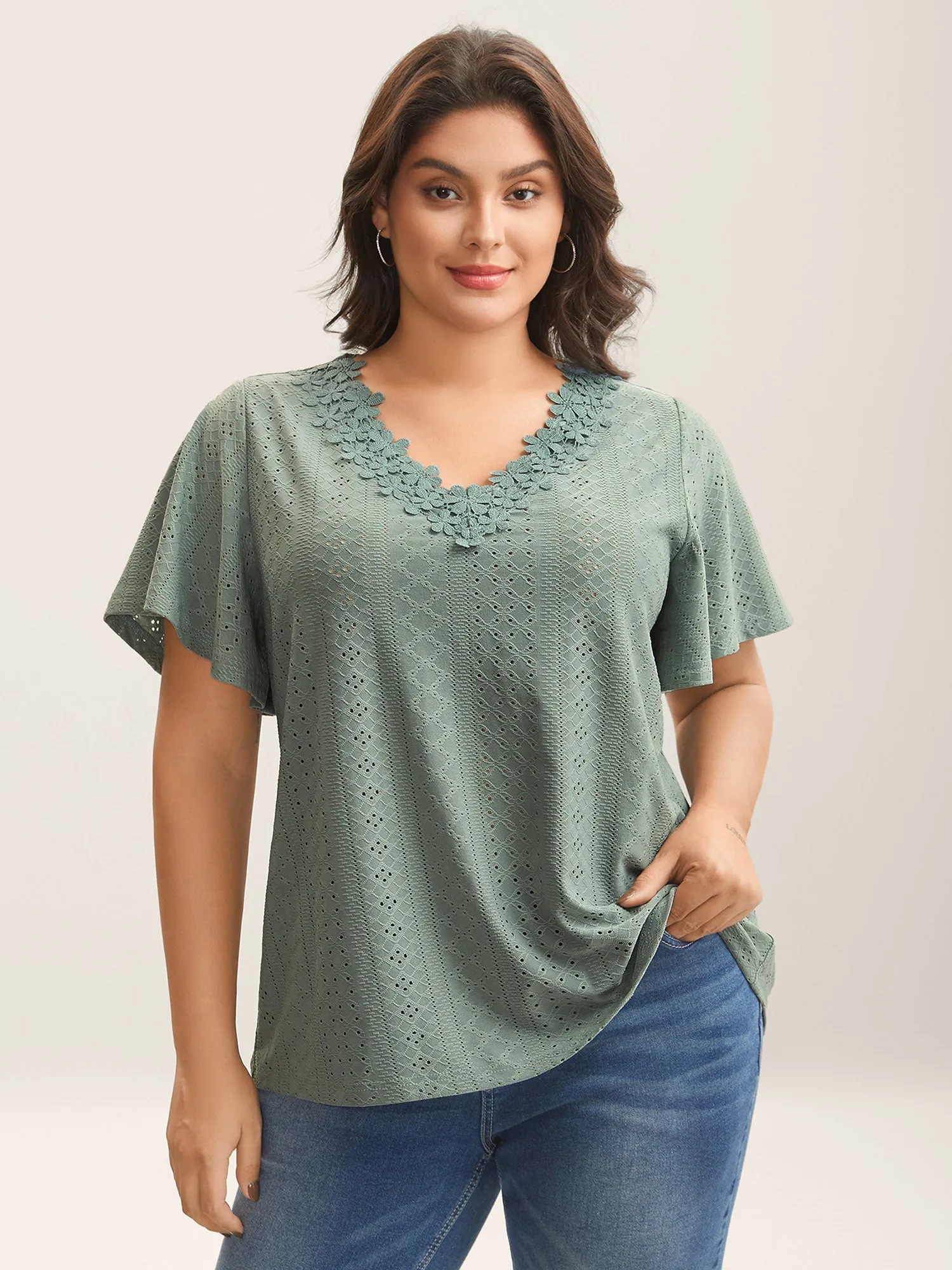 Textured Eyelet Stretchy V-Neck T-Shirt sold by Bloomchic