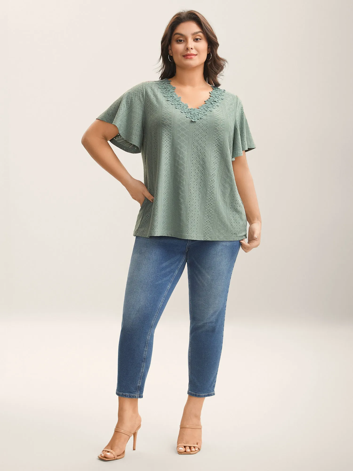 Textured Eyelet Stretchy V-Neck T-Shirt sold by Bloomchic product image thumbnail 3