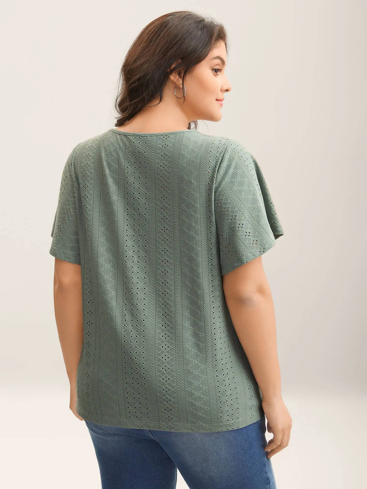 Textured Eyelet Stretchy V-Neck T-Shirt sold by Bloomchic product image thumbnail 2