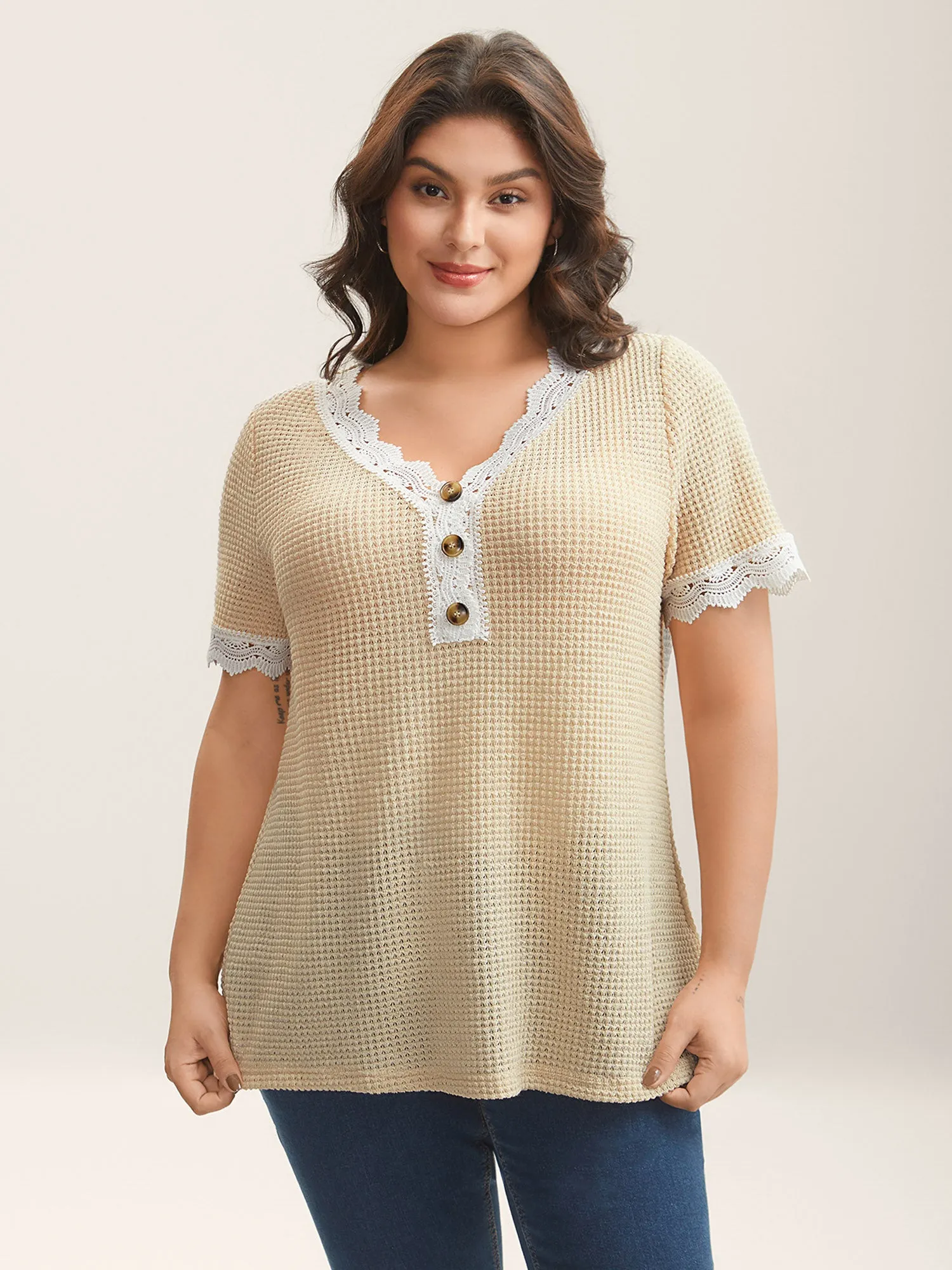 Sheer Waffle Textured Lace Trim T-Shirt sold by Bloomchic