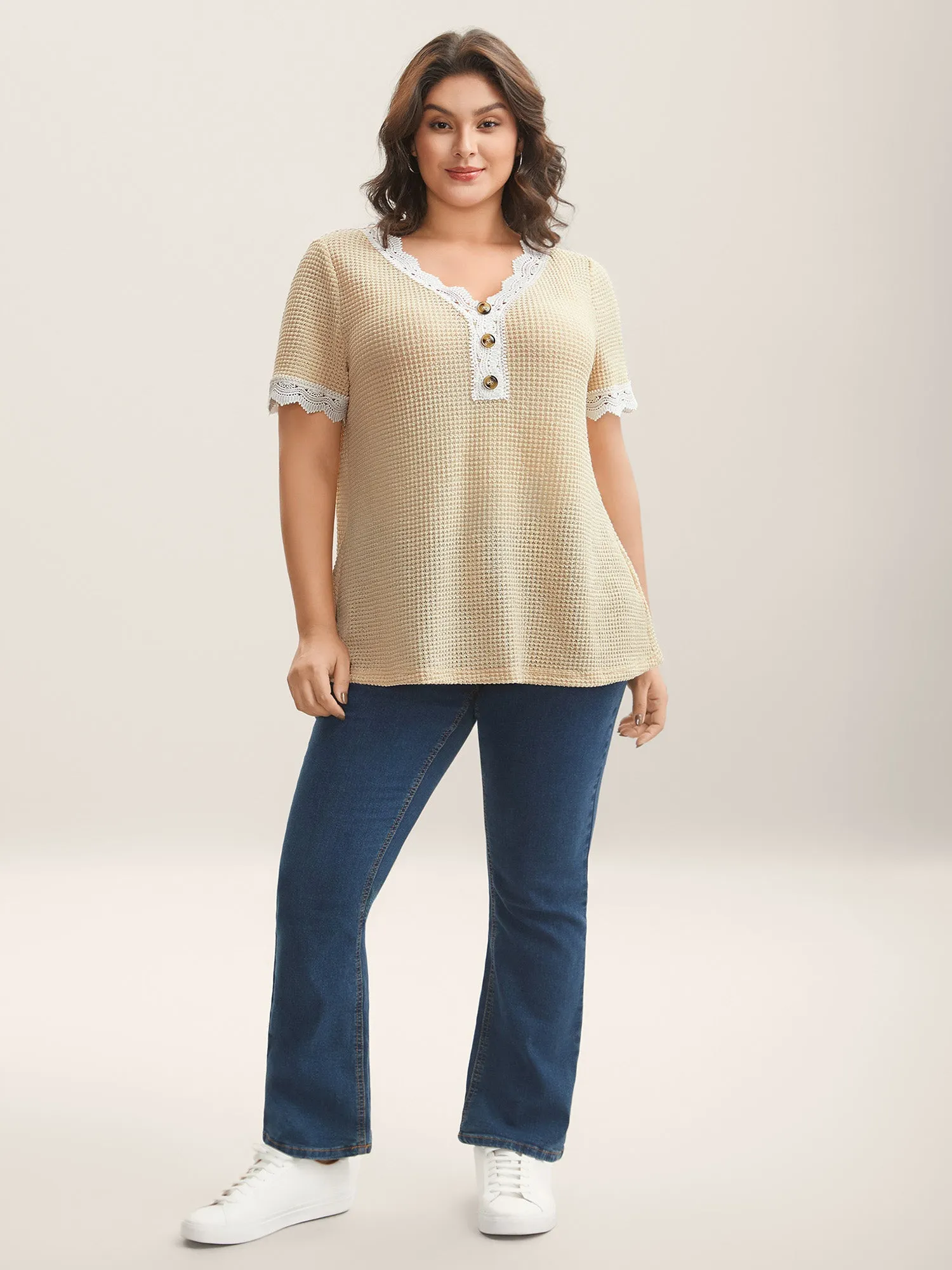 Sheer Waffle Textured Lace Trim T-Shirt sold by Bloomchic product image thumbnail 3