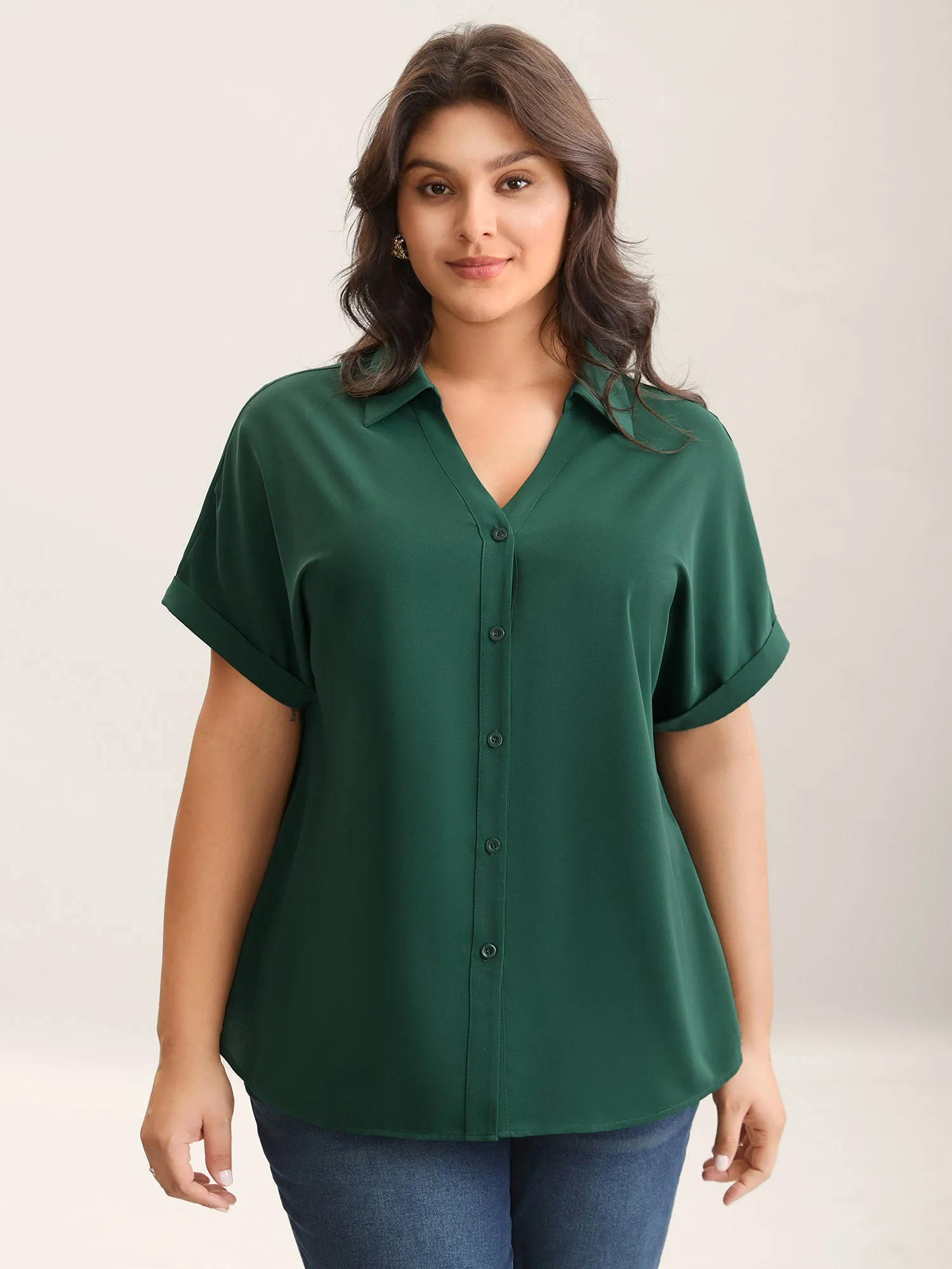 Rolled Hem Sleeve Collar Plain Blouse sold by Bloomchic