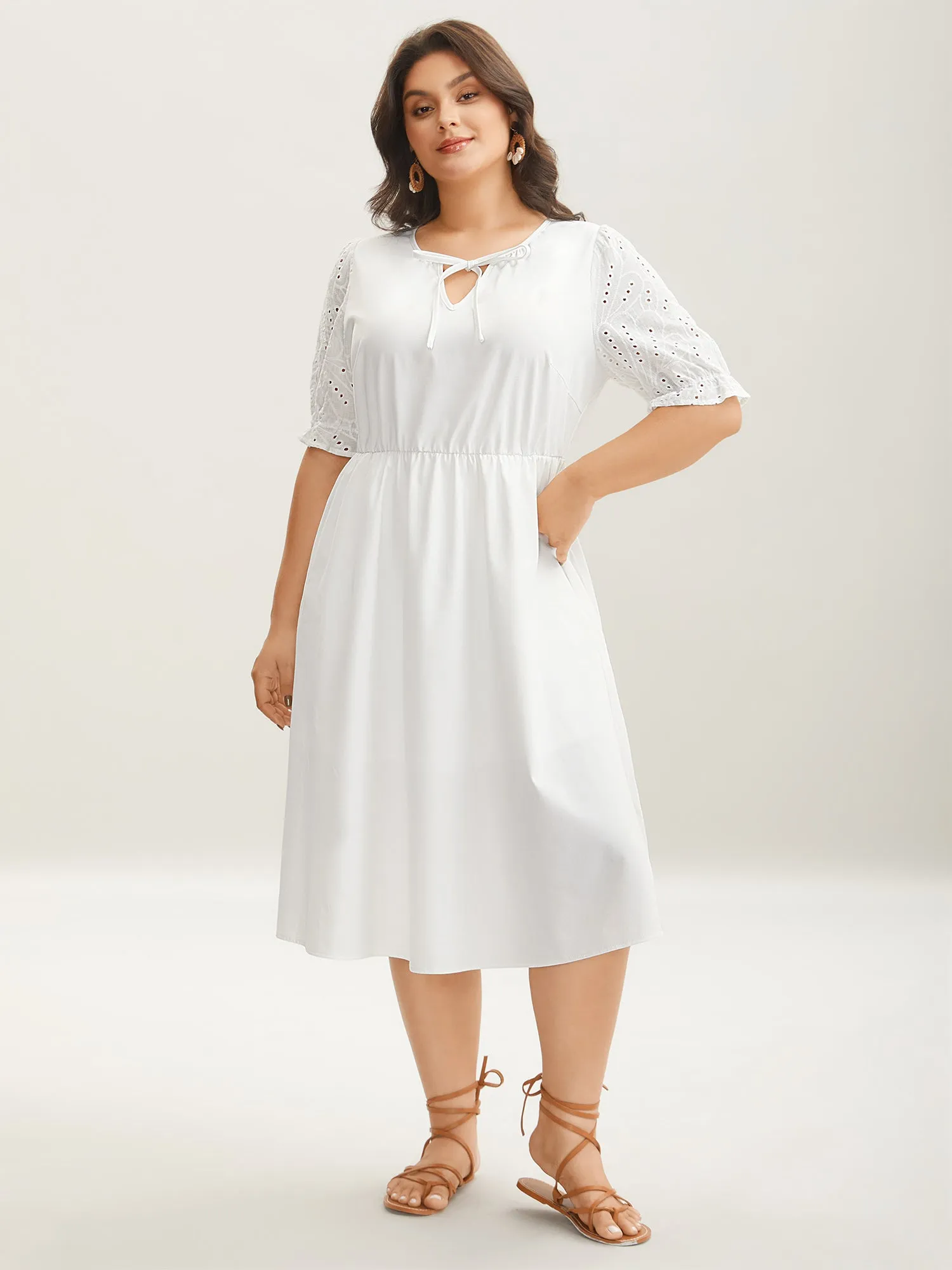 Textured Eyelet Sleeve Pockets Midi Dress sold by Bloomchic product image thumbnail 3