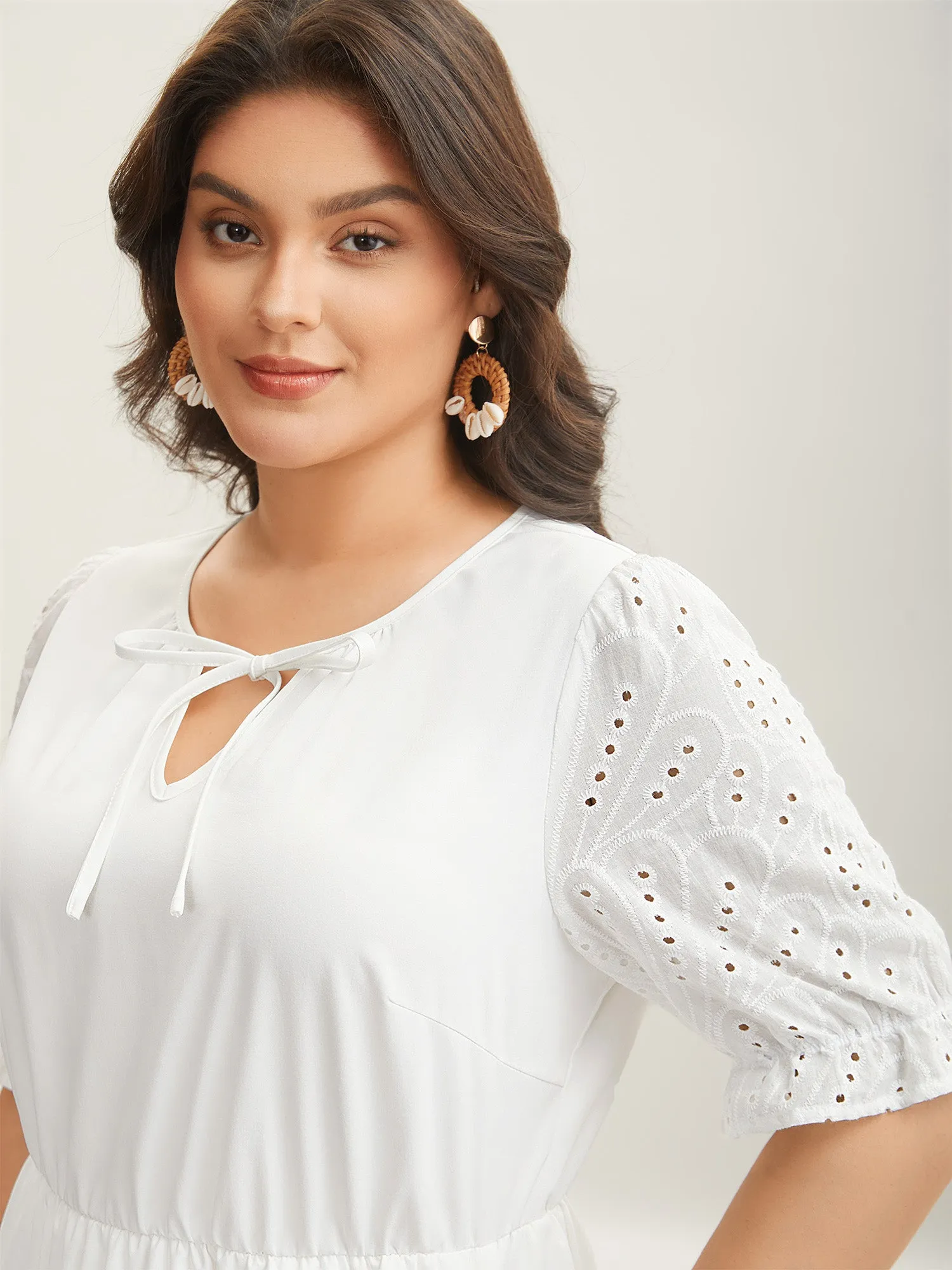 Textured Eyelet Sleeve Pockets Midi Dress sold by Bloomchic product image thumbnail 2