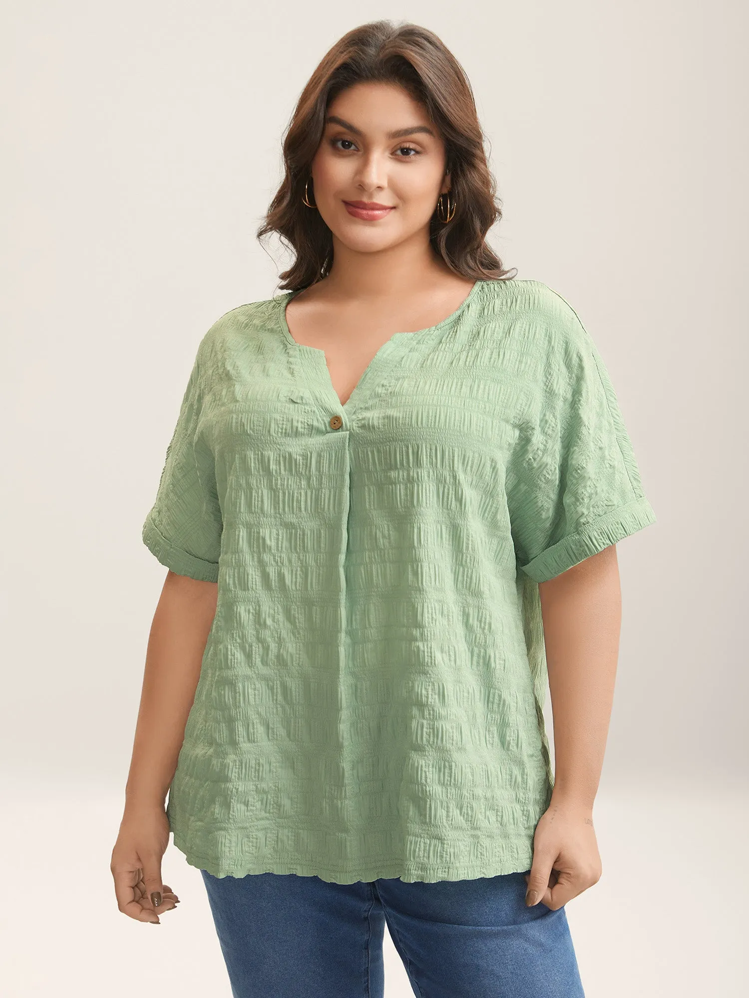 Textured Pleated Front Button T-Shirt sold by Bloomchic