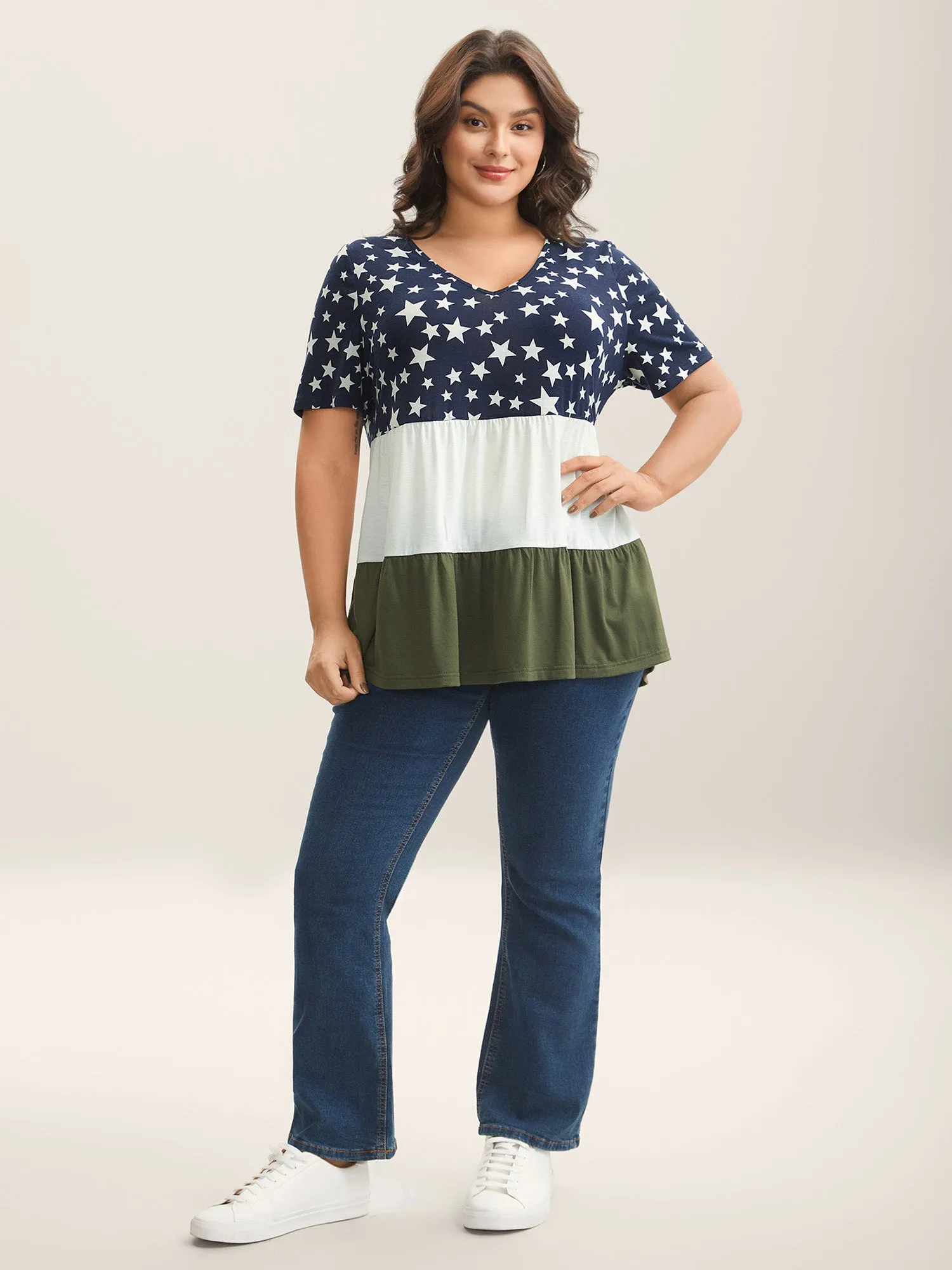 Star Print Color Contrast Tiered T-Shirt sold by Bloomchic product image thumbnail 3