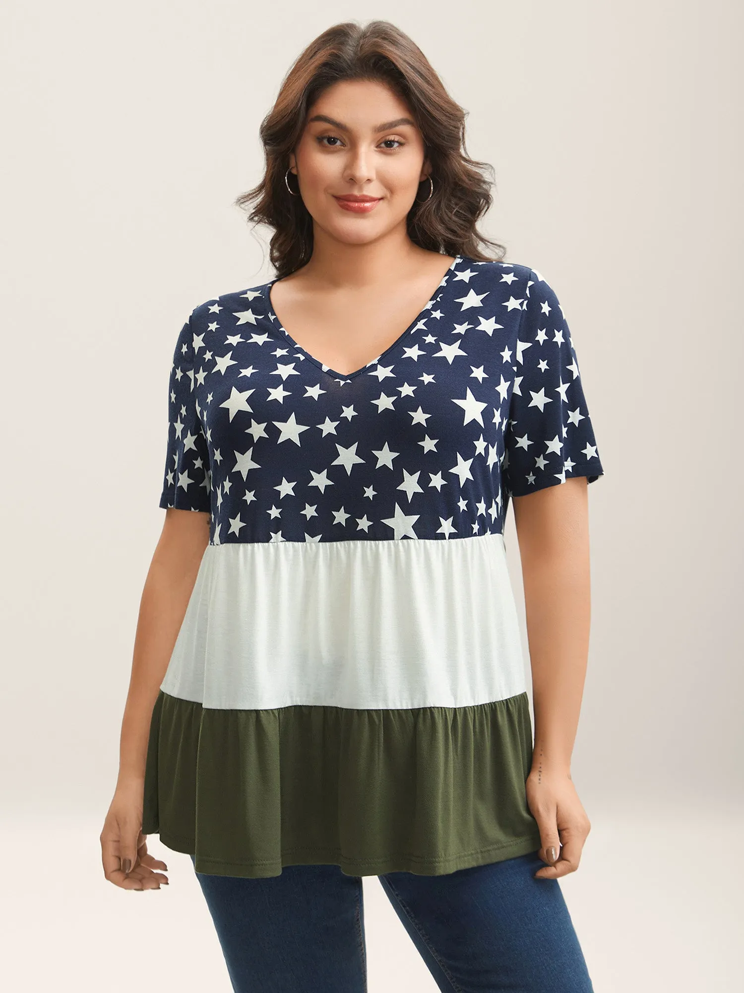 Star Print Color Contrast Tiered T-Shirt sold by Bloomchic