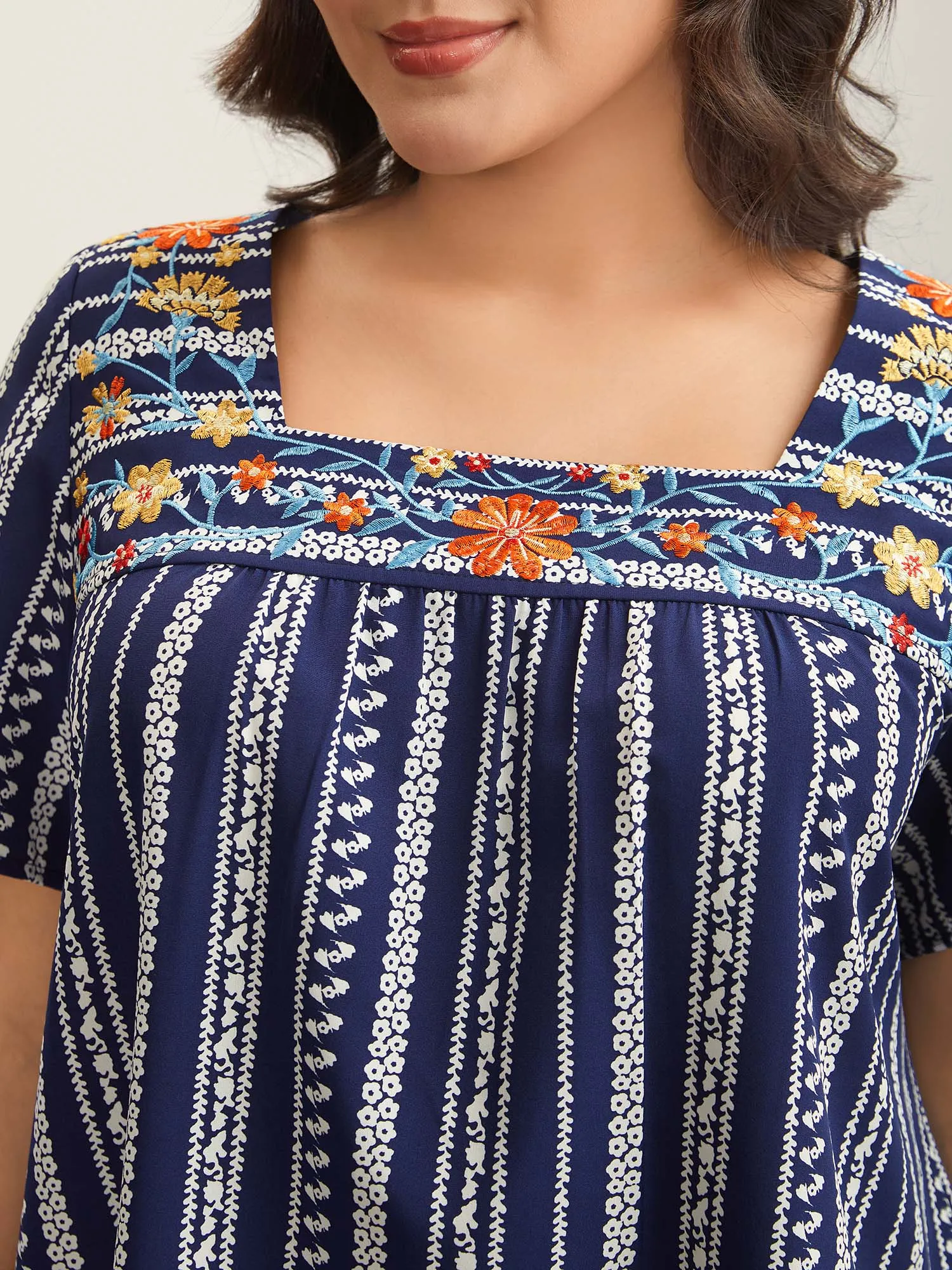 Embroidered Striped Print Square Neck Blouse sold by Bloomchic product image thumbnail 4