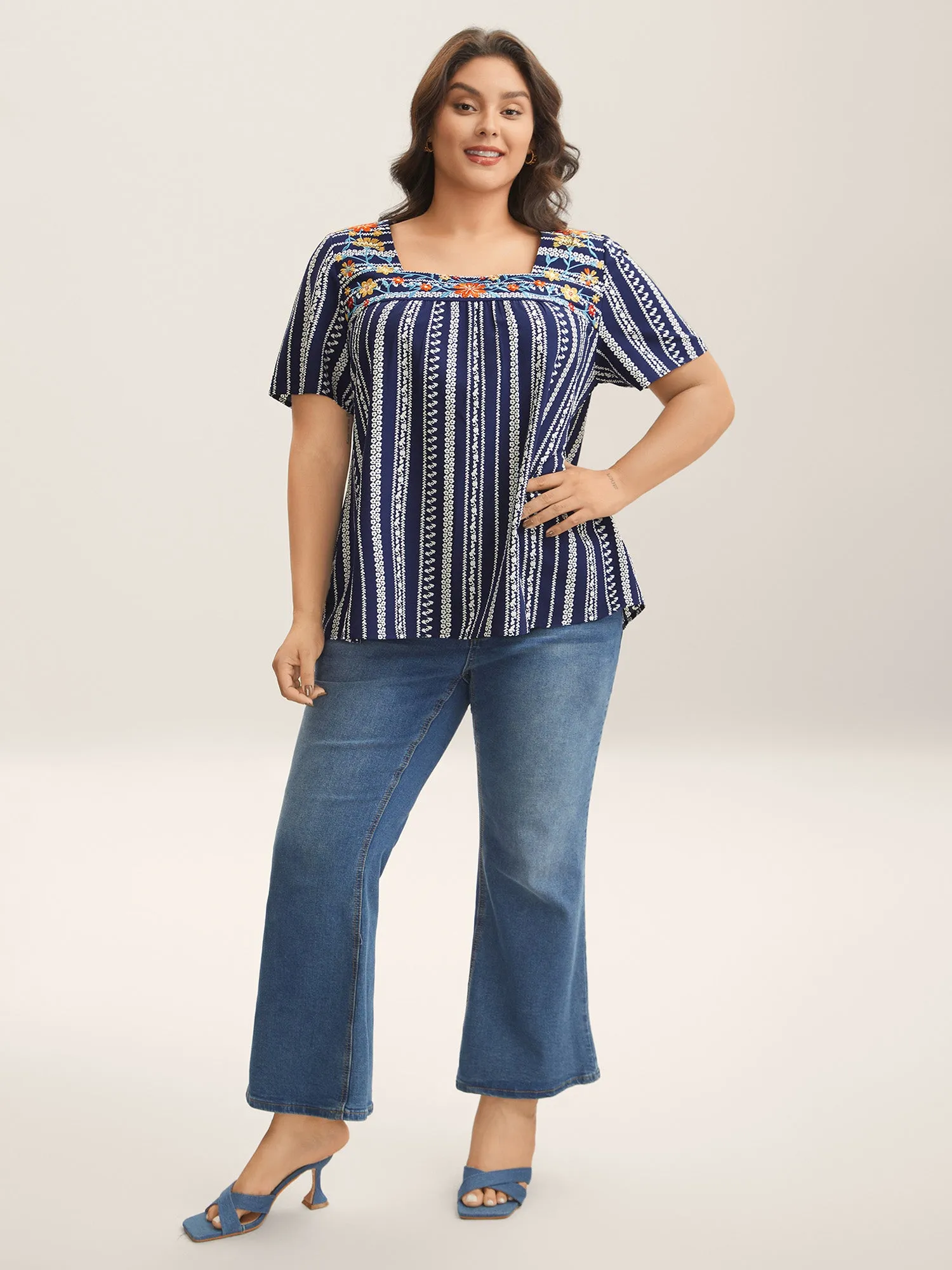 Embroidered Striped Print Square Neck Blouse sold by Bloomchic product image thumbnail 3