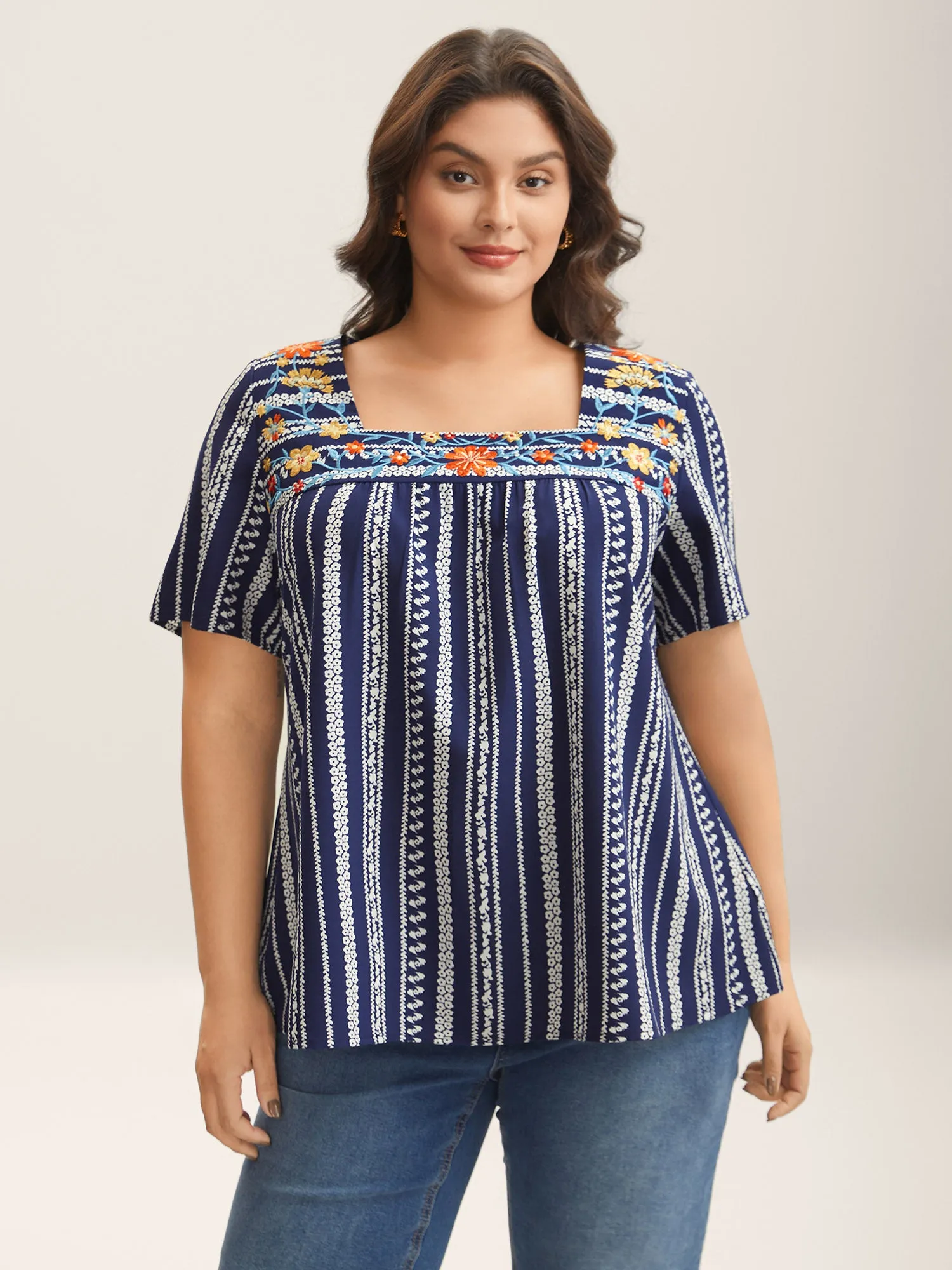 Embroidered Striped Print Square Neck Blouse sold by Bloomchic