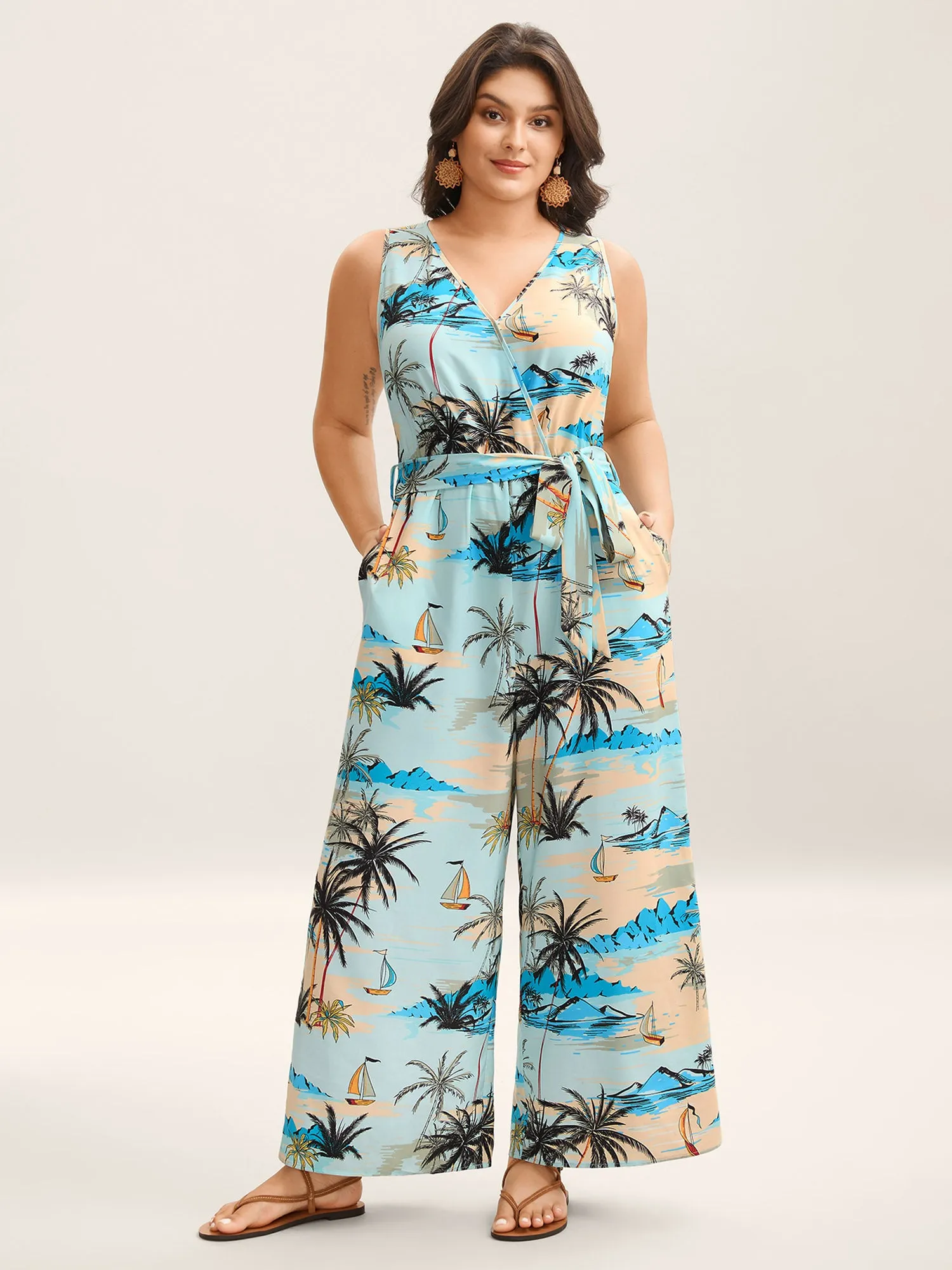 Tropical Print Stretchy Waist Pockets Jumpsuit sold by Bloomchic