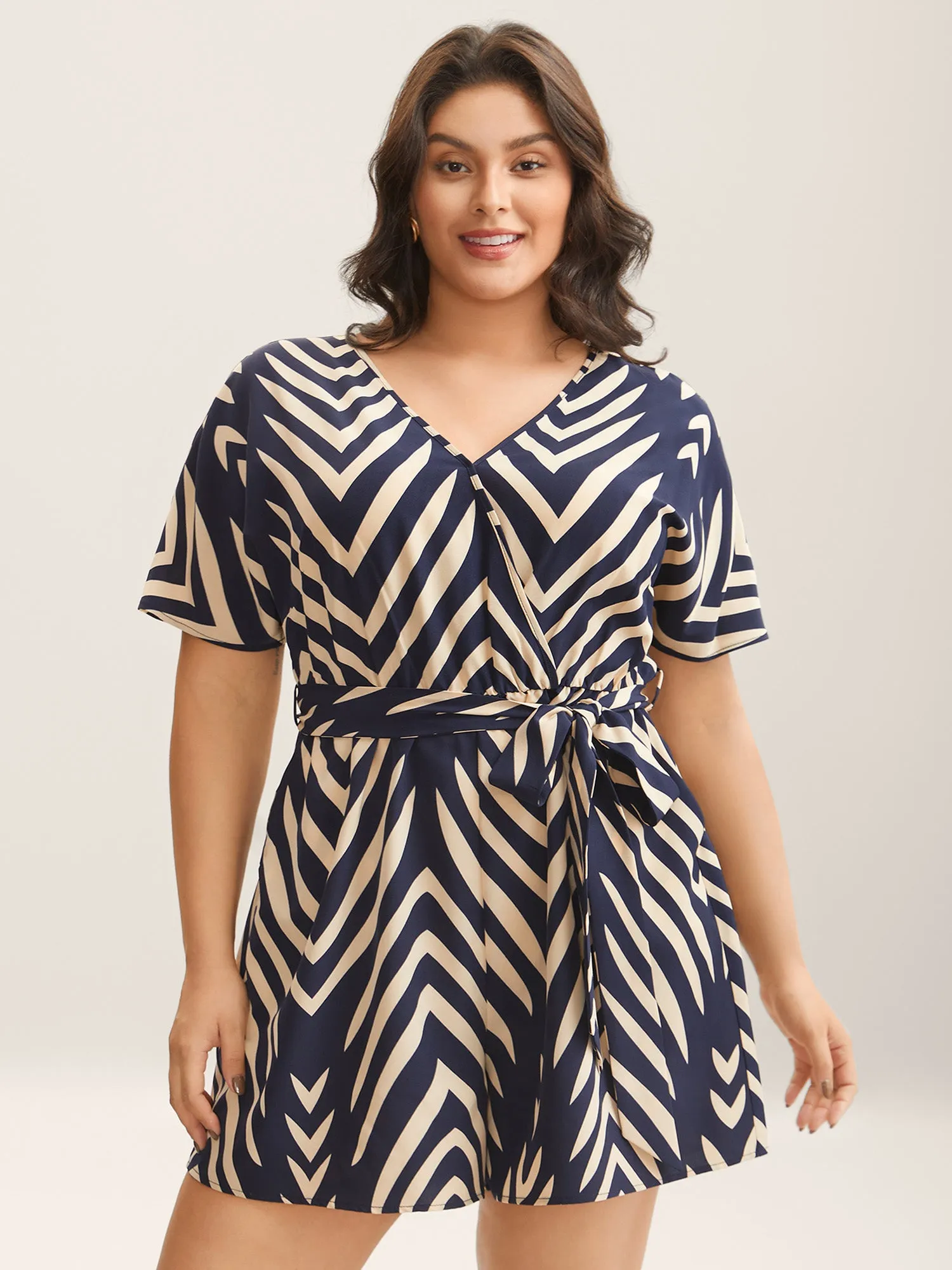 Geometric Print Belted Stretchy Waist Romper sold by Bloomchic