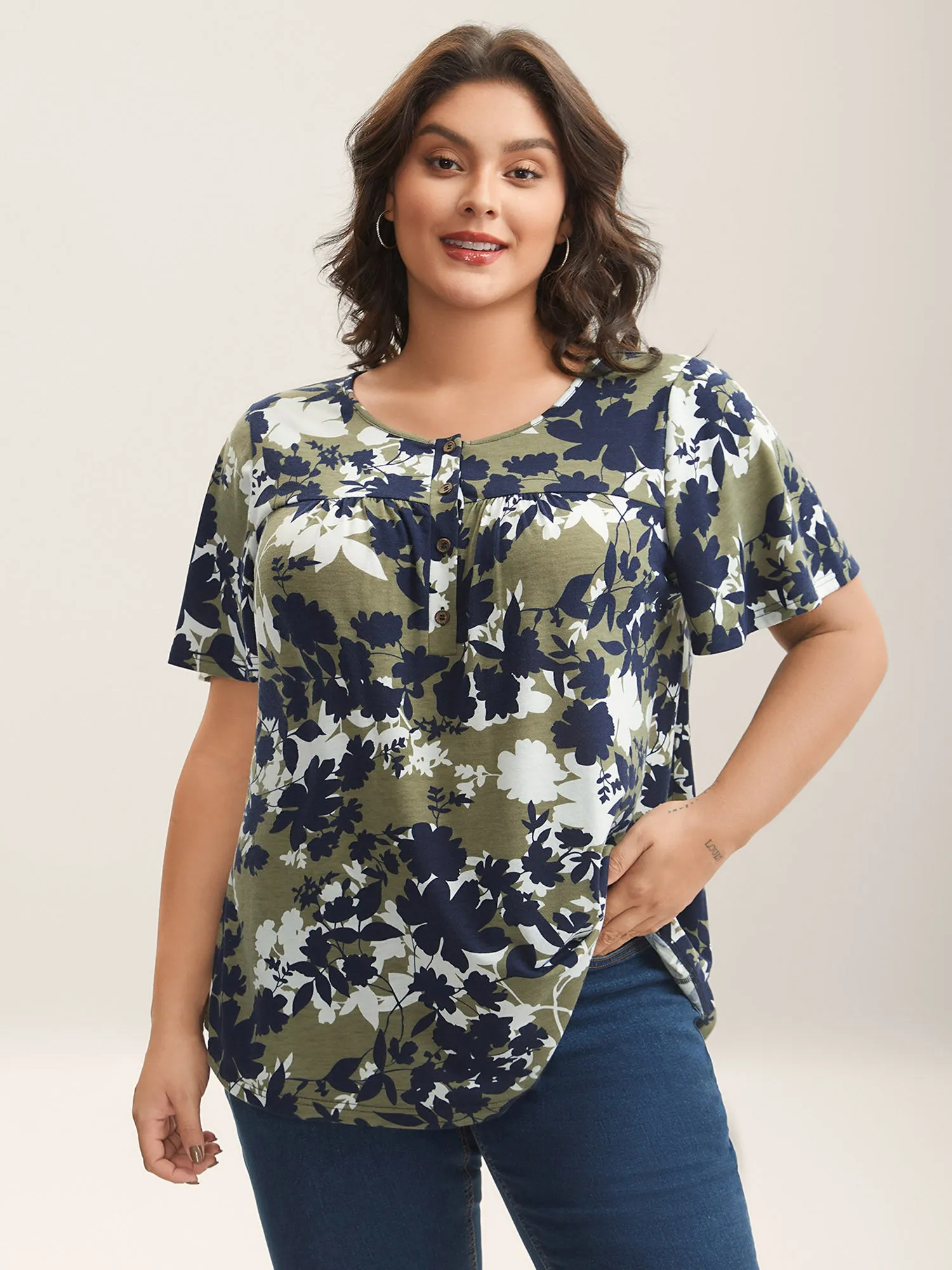 Silhouette Flower Button Placket Jersey Top sold by Bloomchic