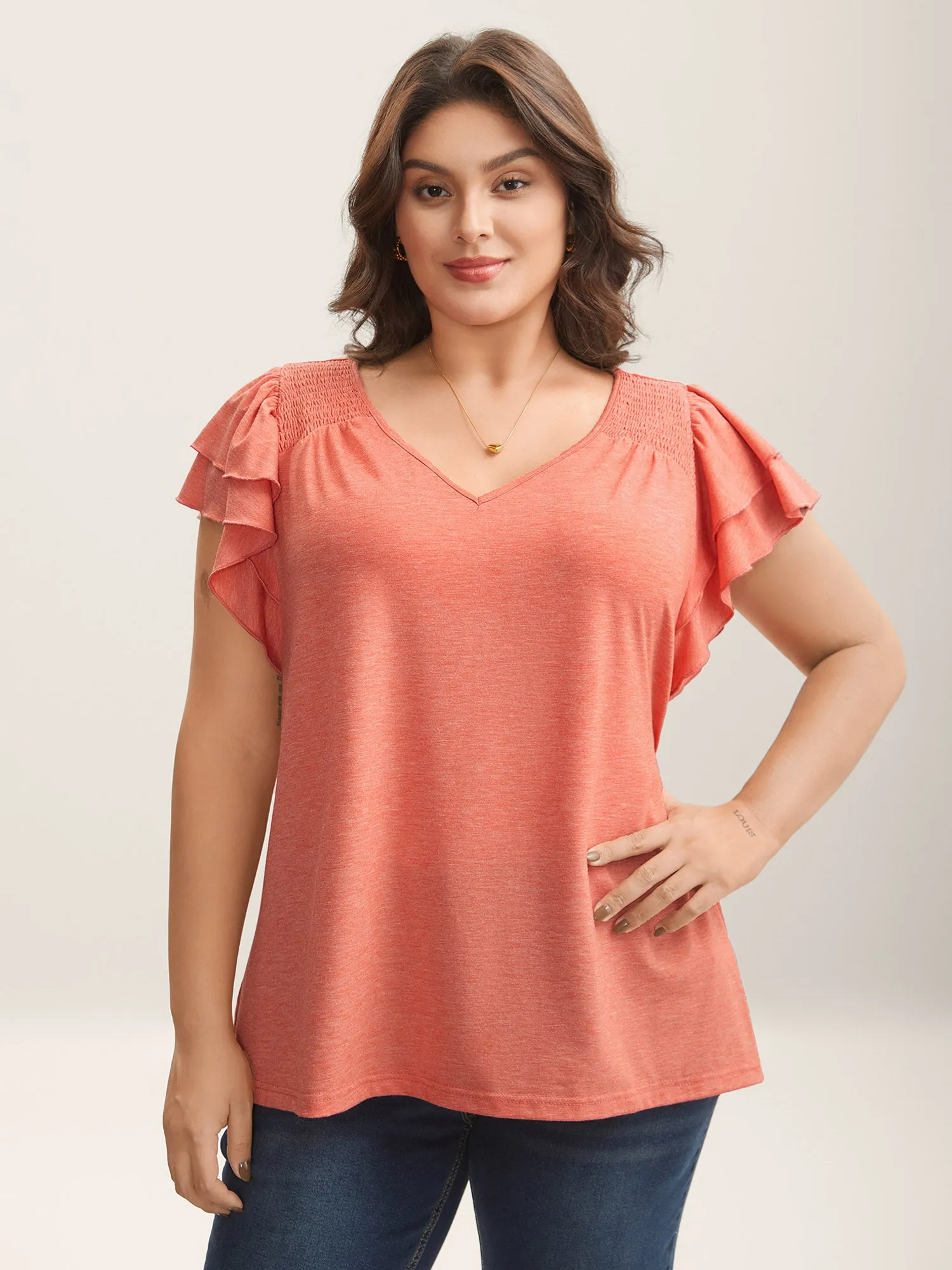 Shirred Layered Lotus Leaf Sleeve T-Shirt sold by Bloomchic