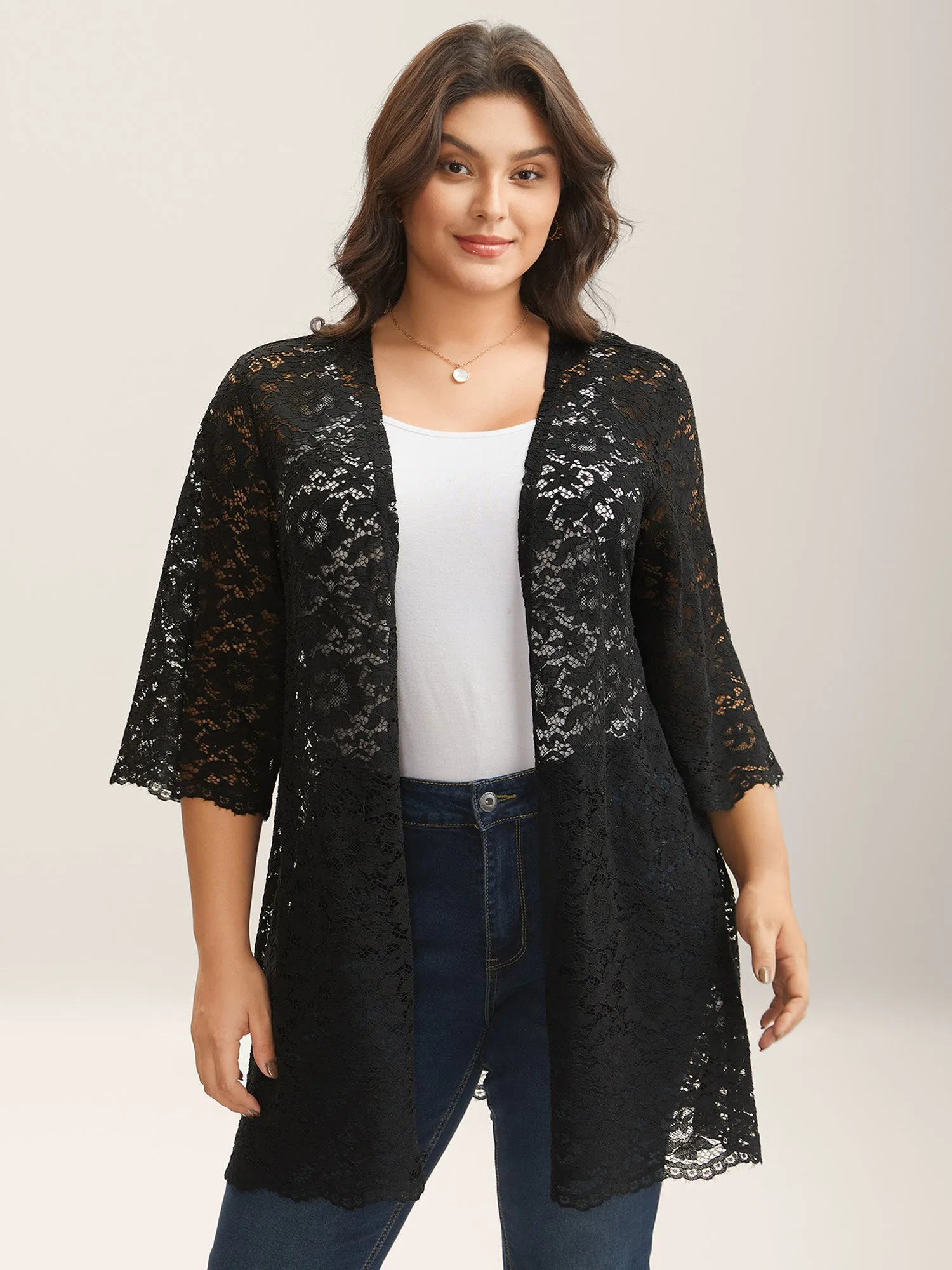 Lace Sheer Scalloped Hem Kimono sold by Bloomchic