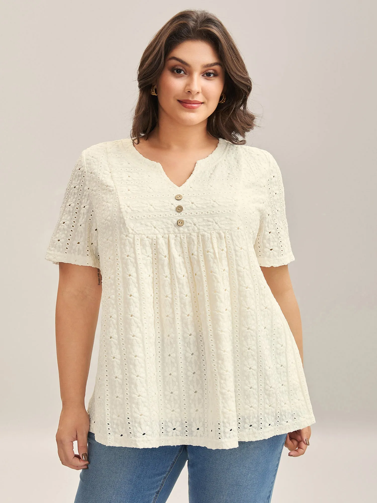 Textured Pleated Split Neck T-Shirt sold by Bloomchic