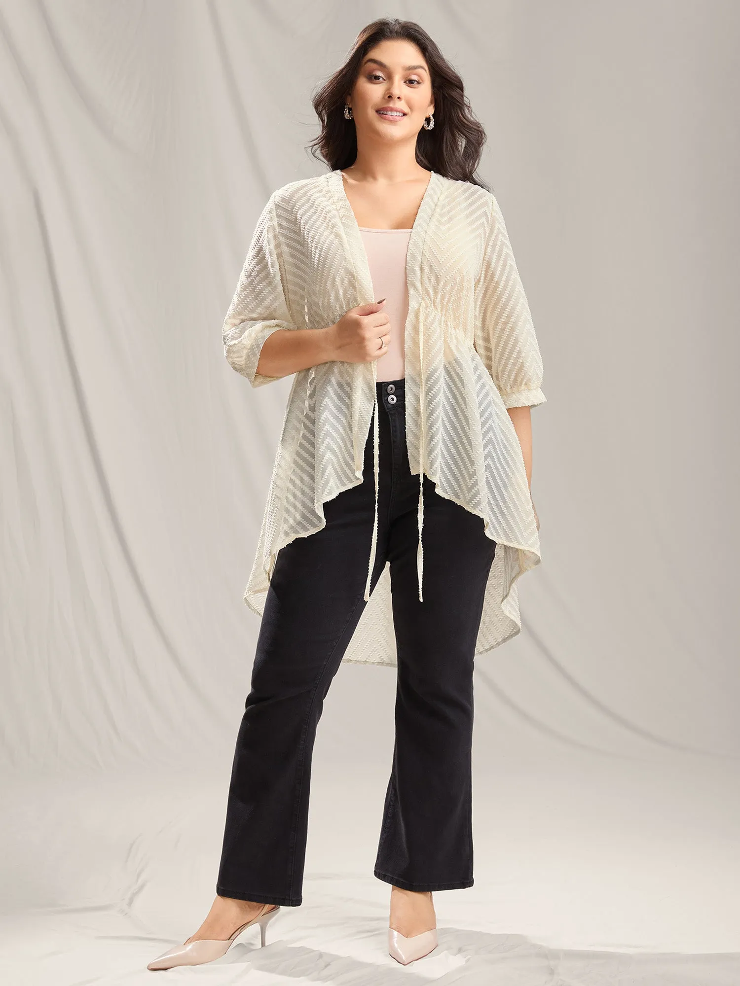 Textured Sheer Tied High-Low Kimono sold by Bloomchic