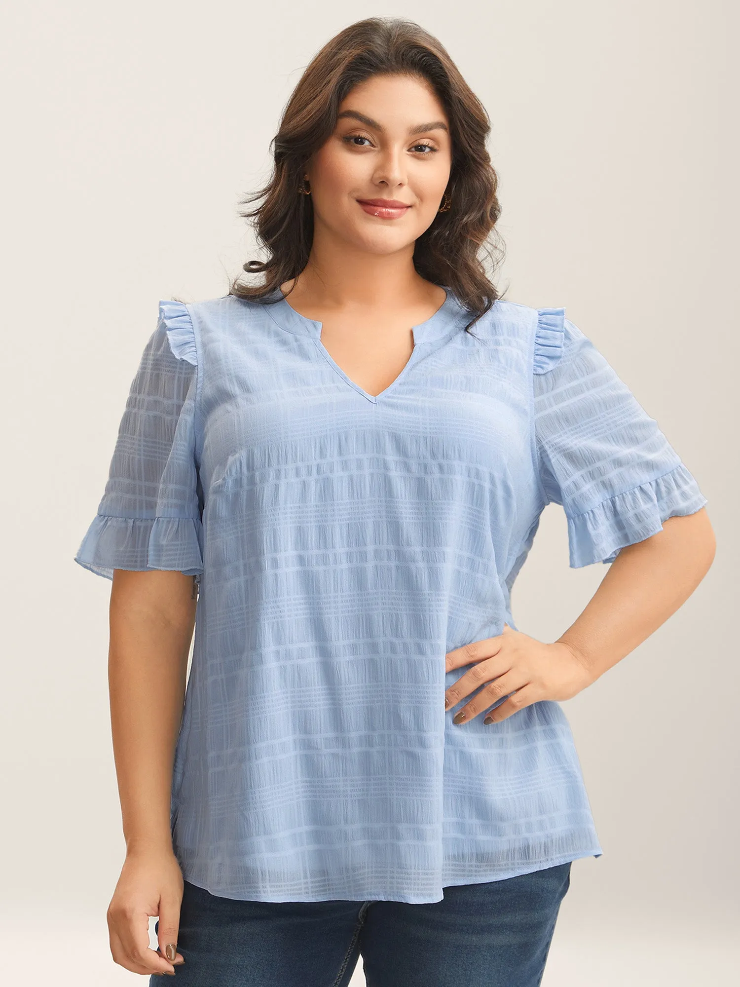 Checked Texture Jacquard Notched Collar Blouse sold by Bloomchic