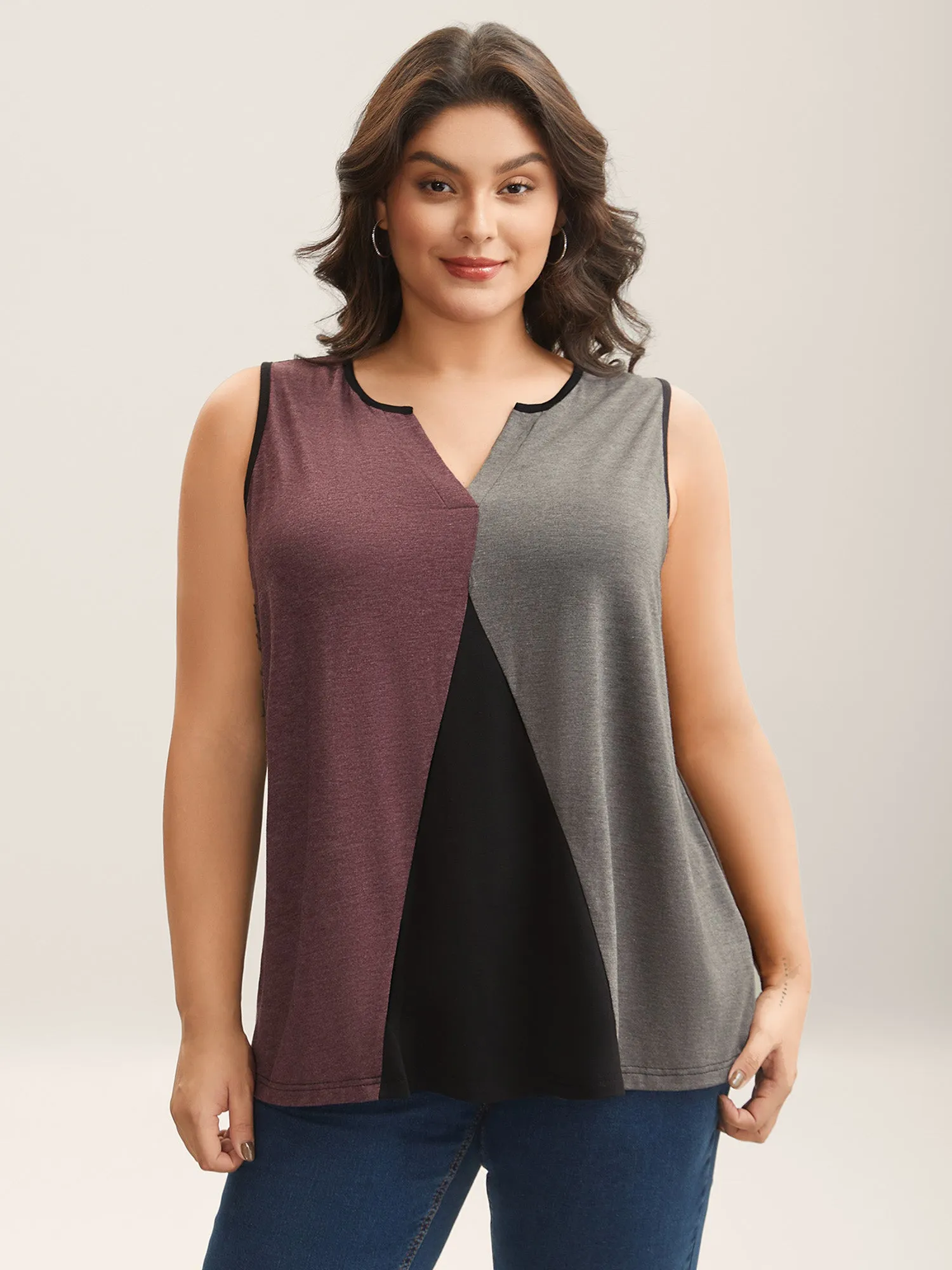 Color Block Flowy Split Neck Tank Top sold by Bloomchic