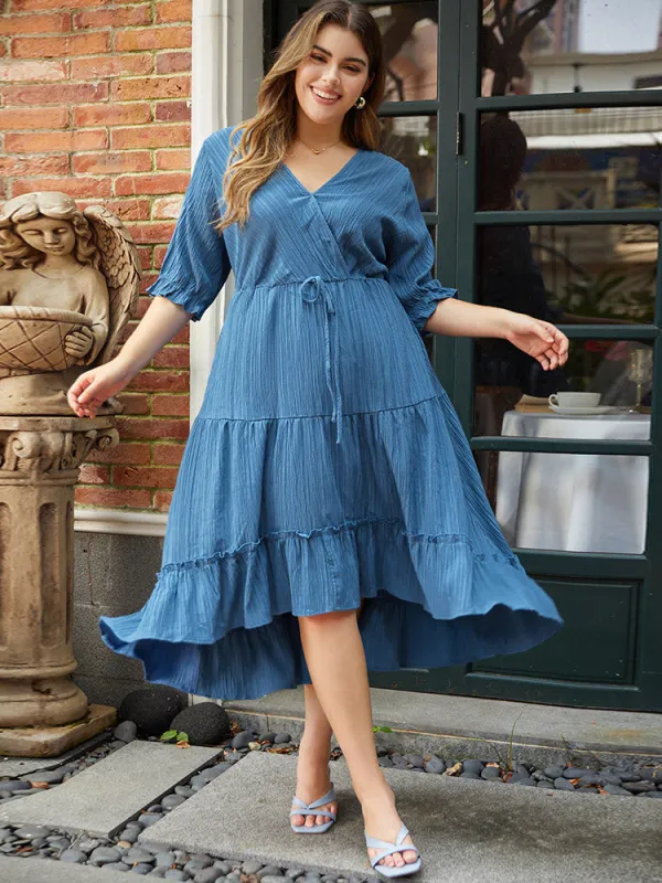 Solid Textured Pocket Overlap Collar Flutter Trim Dress sold by Bloomchic