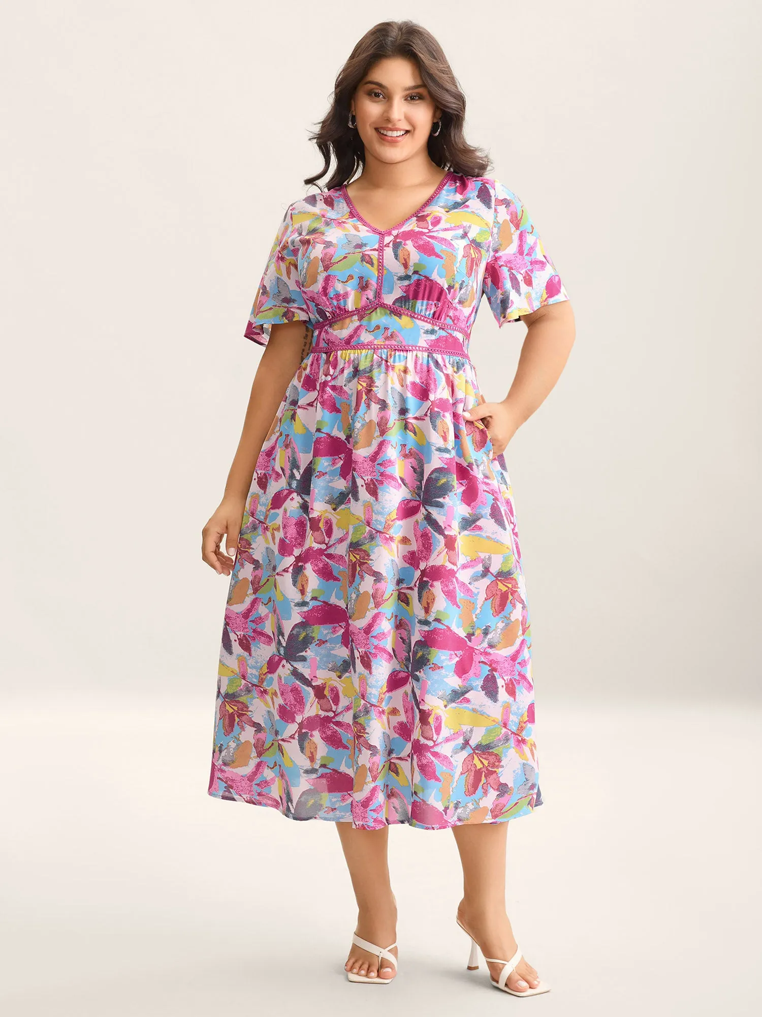 Large Flower Print Cinched-Waist Midi Dress sold by Bloomchic product image thumbnail 3