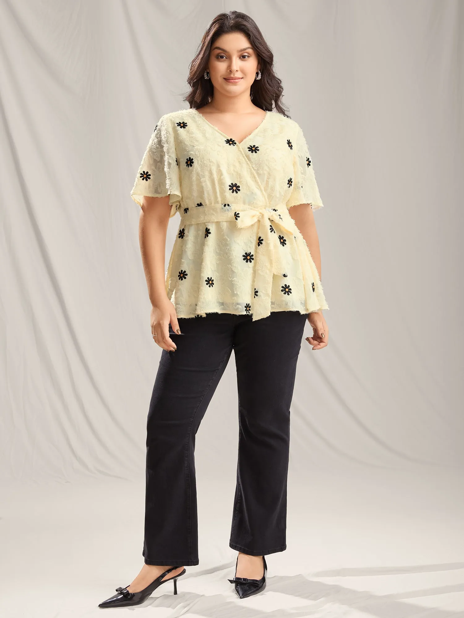 Textured Embroidery Surplice Belted Blouse sold by Bloomchic product image thumbnail 3