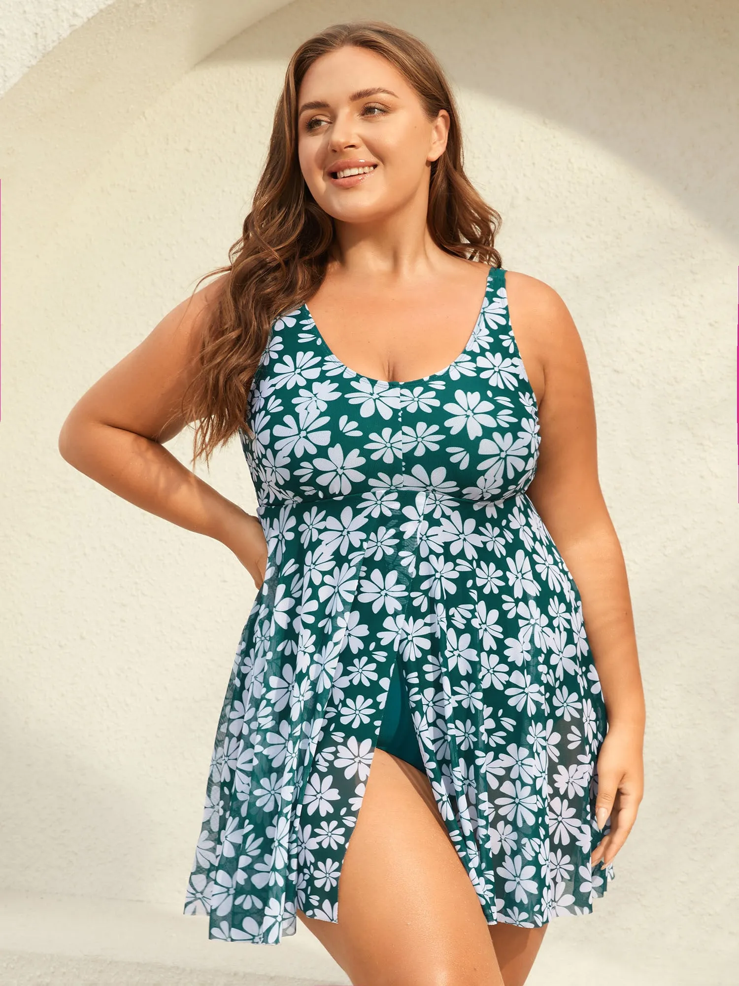 Daisy Print Mesh Waist-Defining Swim Dress sold by Bloomchic