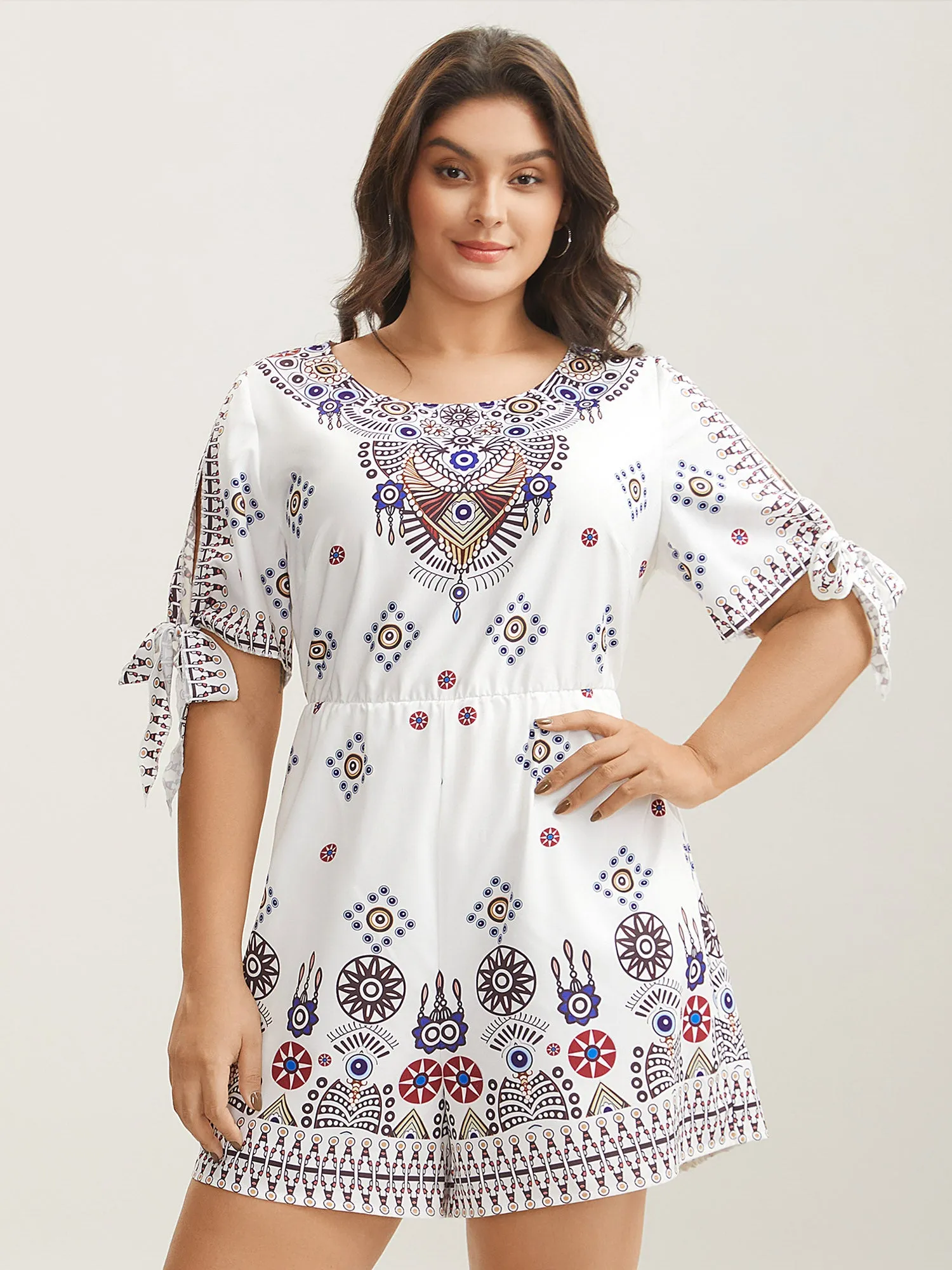 Boho Print Tie-Sleeve Pockets Romper sold by Bloomchic