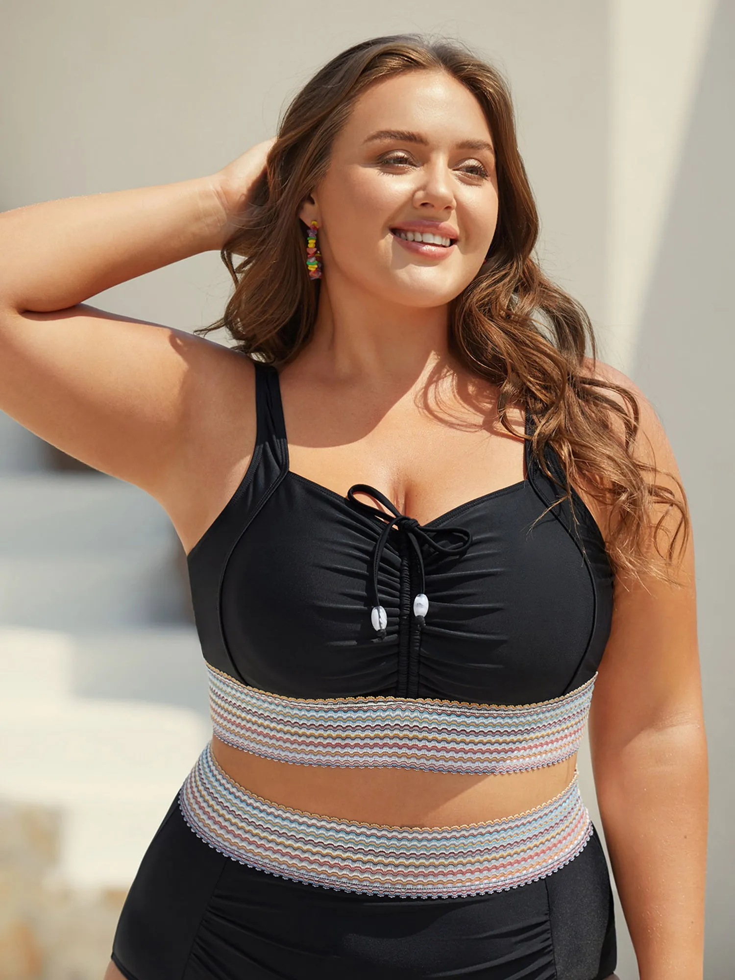 Patchwork Ruched Drawstring Swim Top sold by Bloomchic