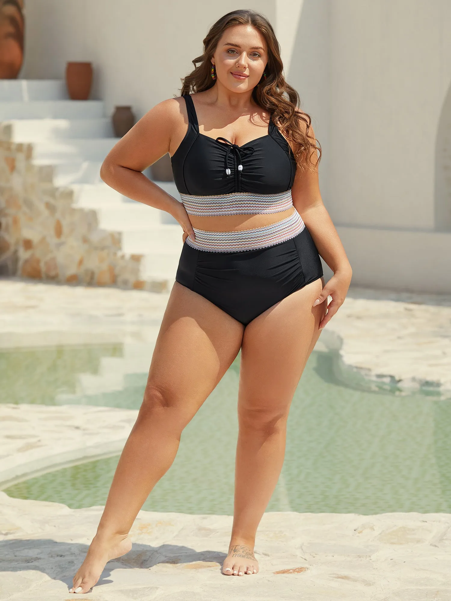 Patchwork Ruched Drawstring Swim Top sold by Bloomchic product image thumbnail 3