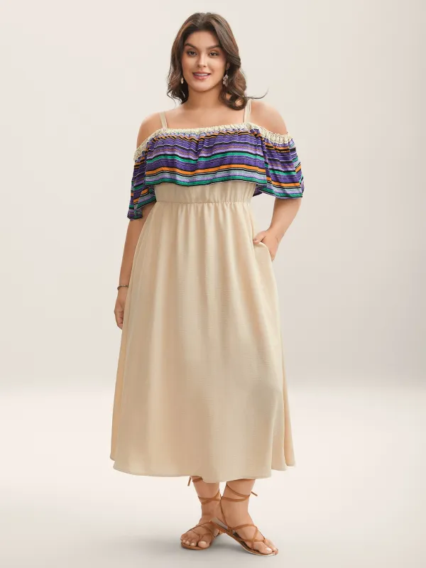Cold-Shoulder Textured Striped Pockets Midi Dress sold by Bloomchic