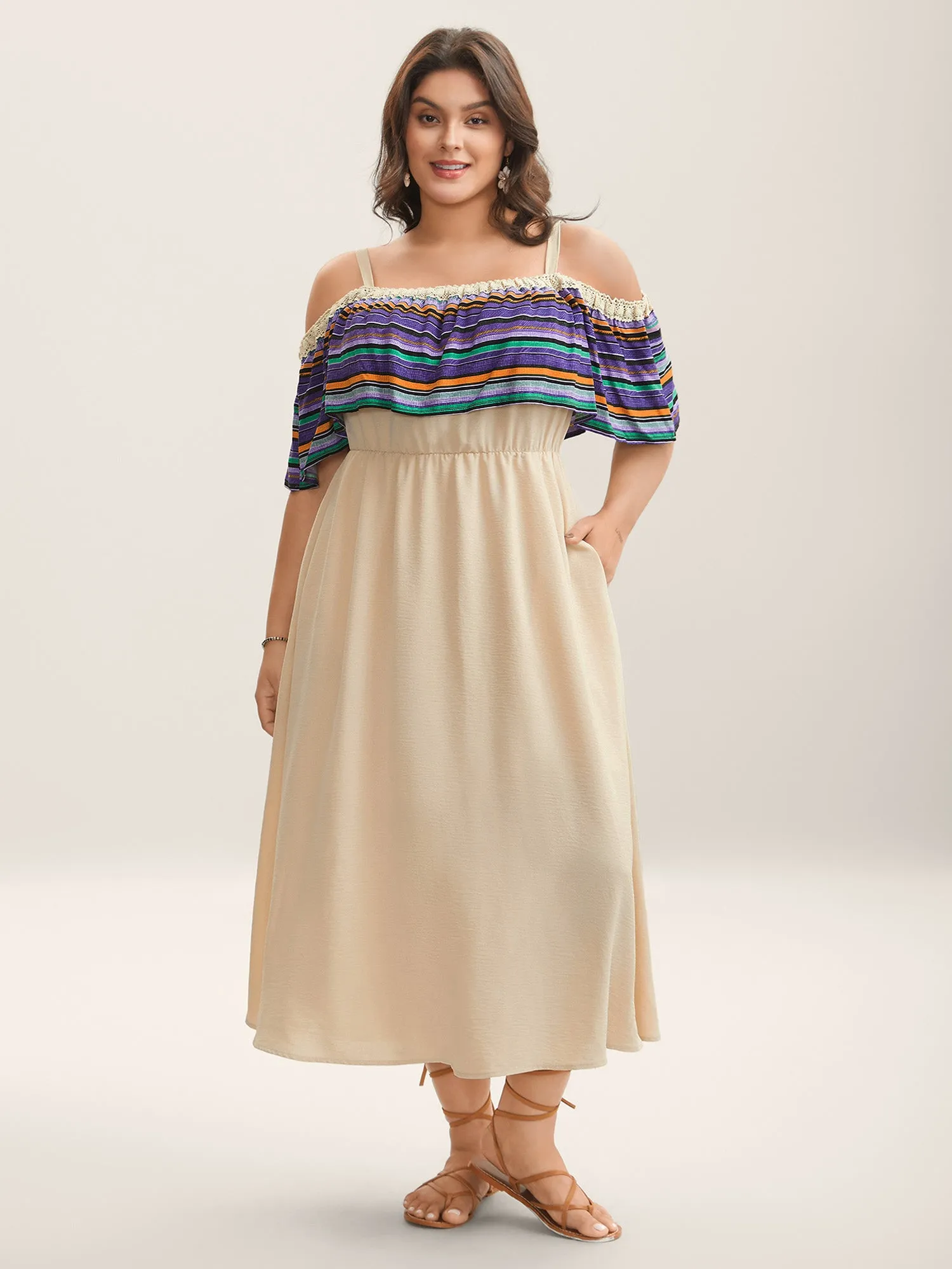 Cold-Shoulder Textured Striped Pockets Midi Dress sold by Bloomchic
