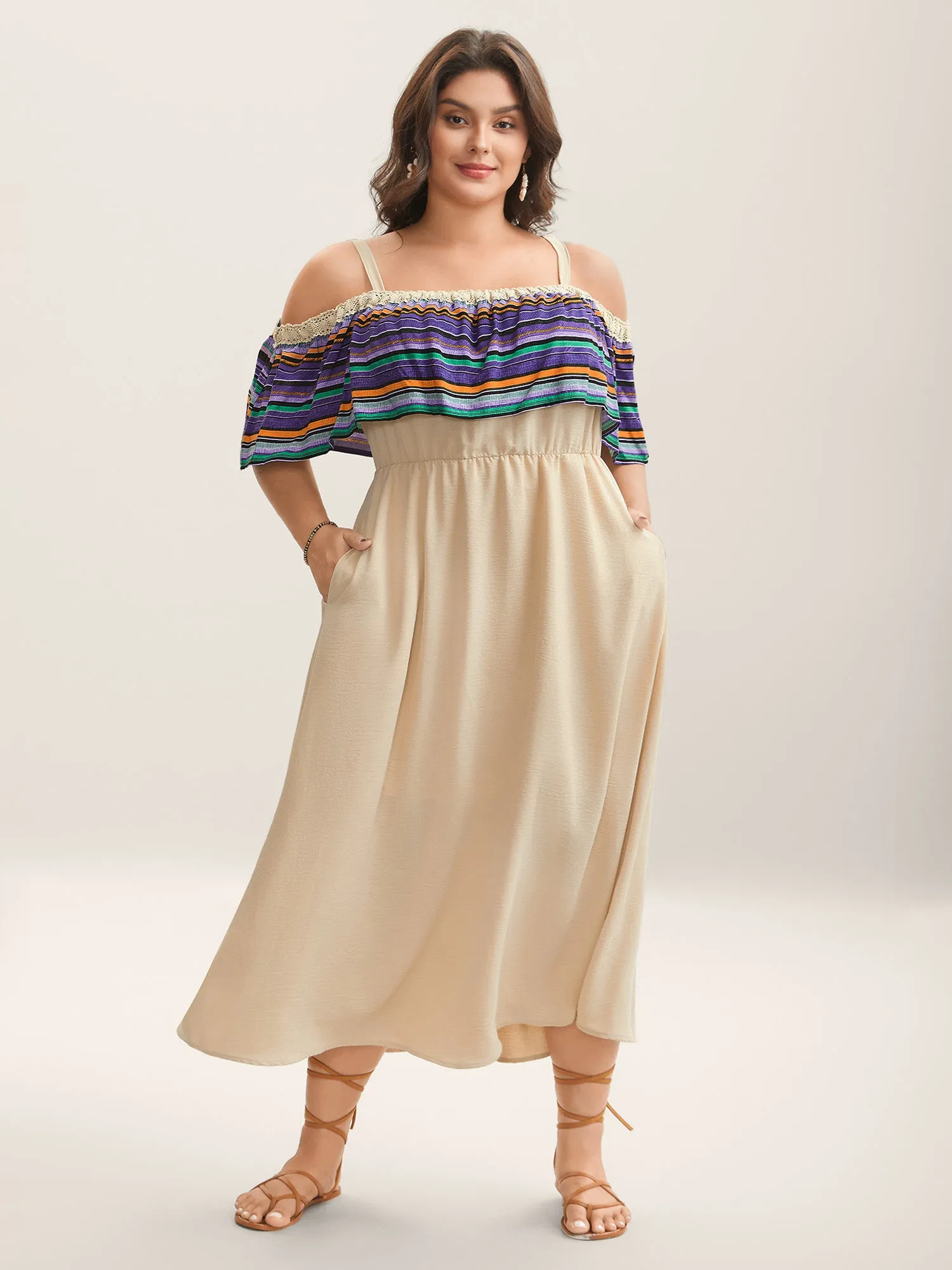 Cold-Shoulder Textured Striped Pockets Midi Dress sold by Bloomchic product image thumbnail 3