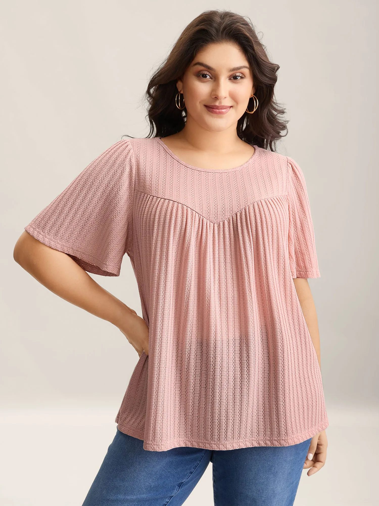 Waffle Lotus Leaf Sleeve Flowy T-Shirt sold by Bloomchic