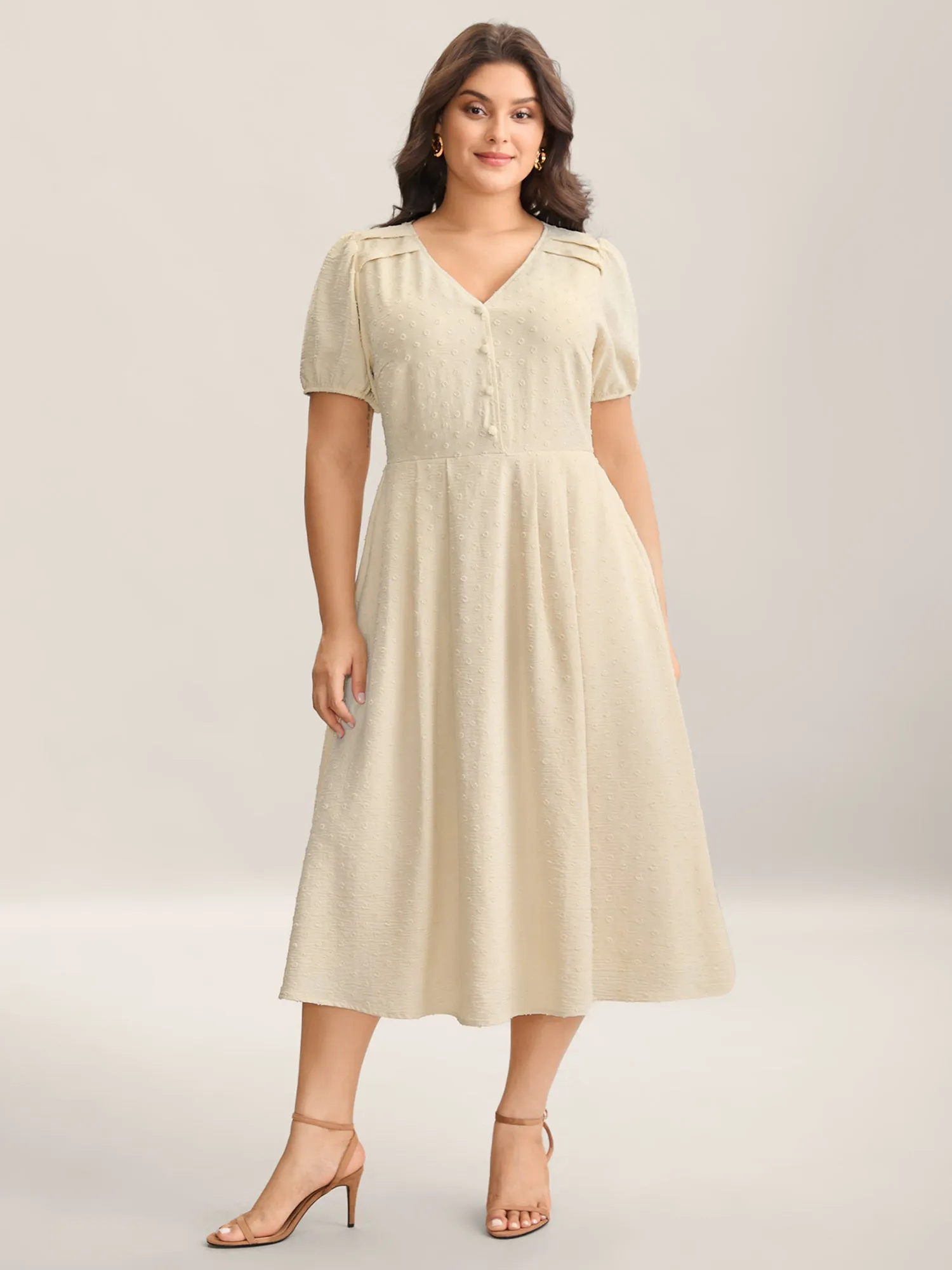 Shoulder Pleats Textured Button Maxi Dress sold by Bloomchic