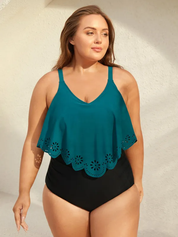 Color Block Laser-Cut One-Piece Swimsuit sold by Bloomchic