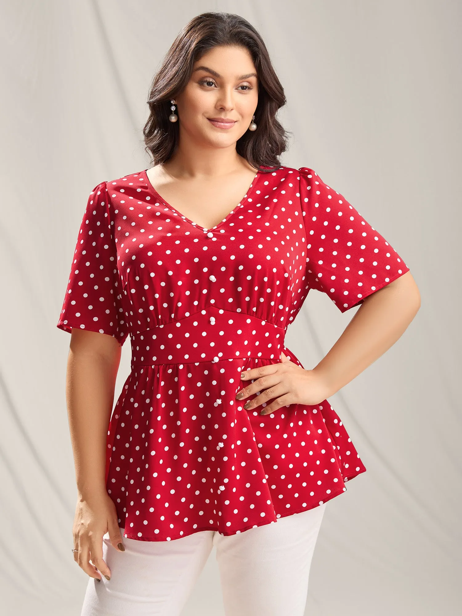 Polka Dots Shirred Waist Blouse sold by Bloomchic