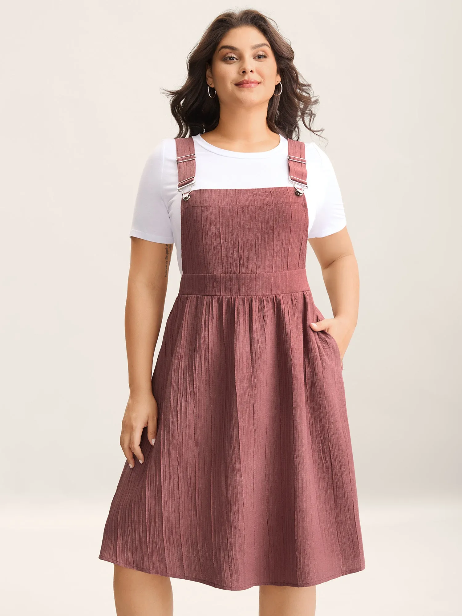 Overall Straps Textured Midi Dress sold by Bloomchic