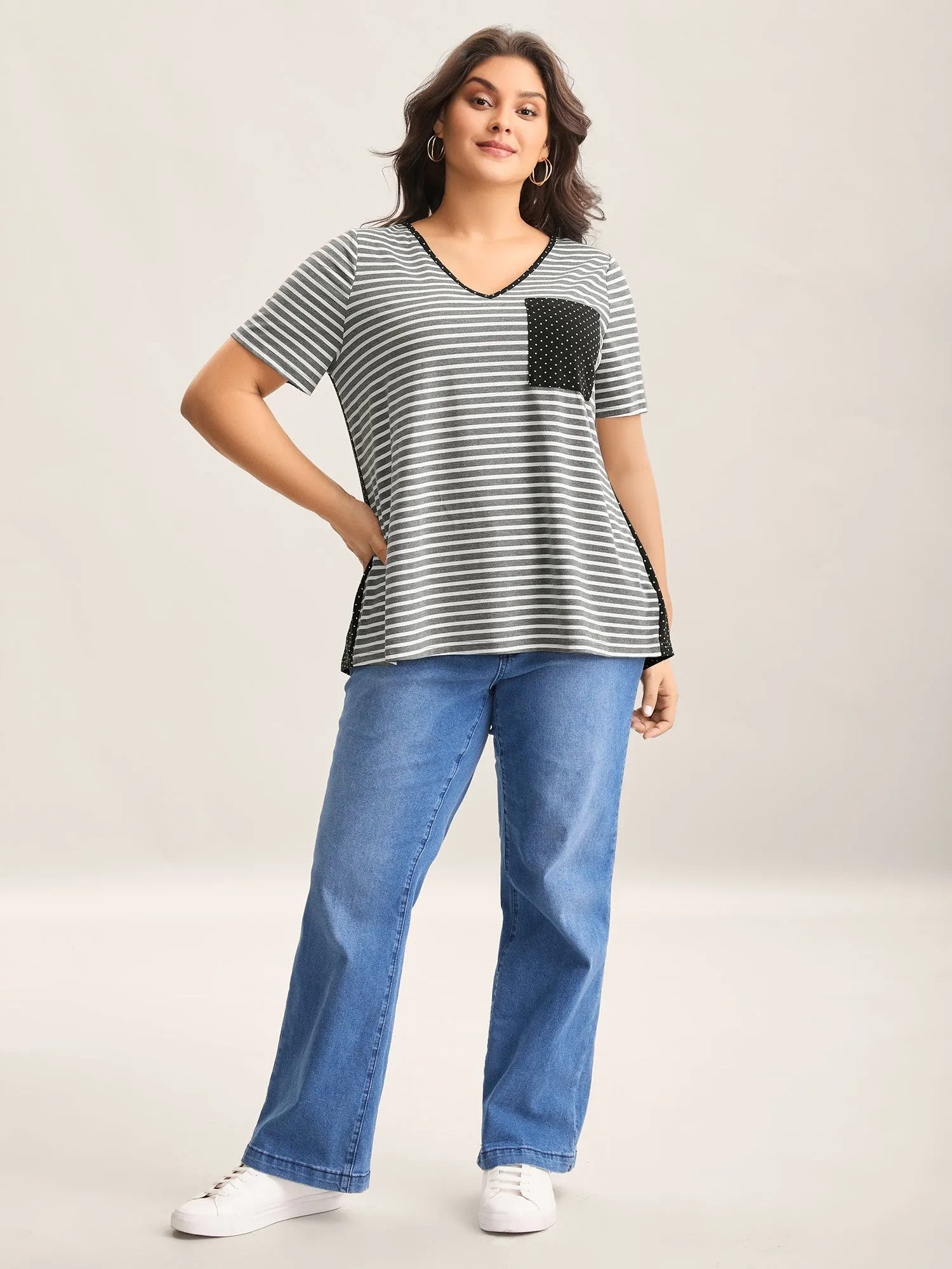 Striped Polka Dots Print Pockets T-Shirt sold by Bloomchic product image thumbnail 3