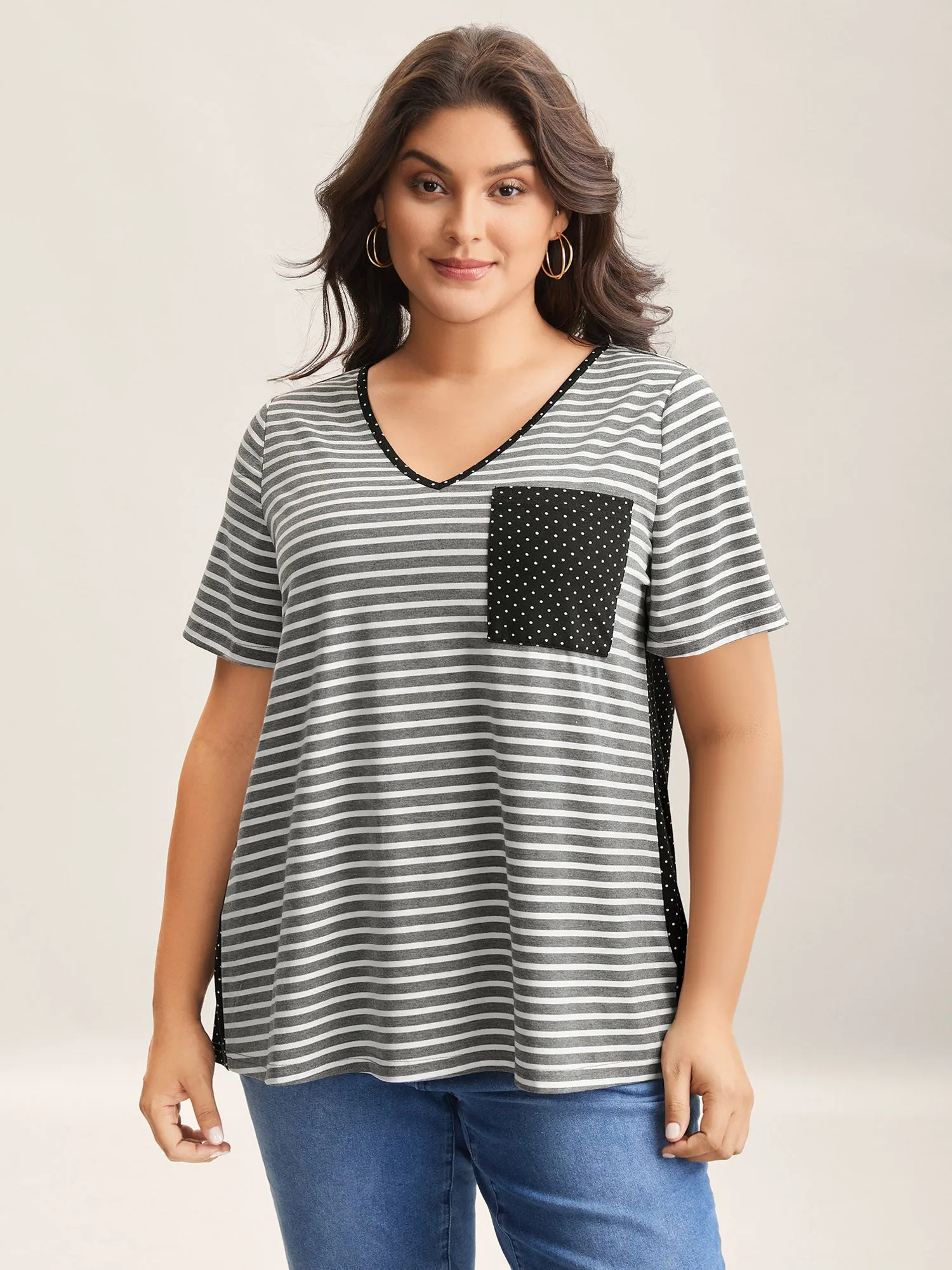 Striped Polka Dots Print Pockets T-Shirt sold by Bloomchic