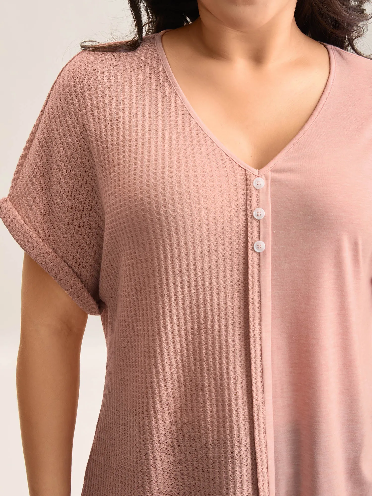 Textured Button Detail Spliced T-Shirt sold by Bloomchic product image thumbnail 2